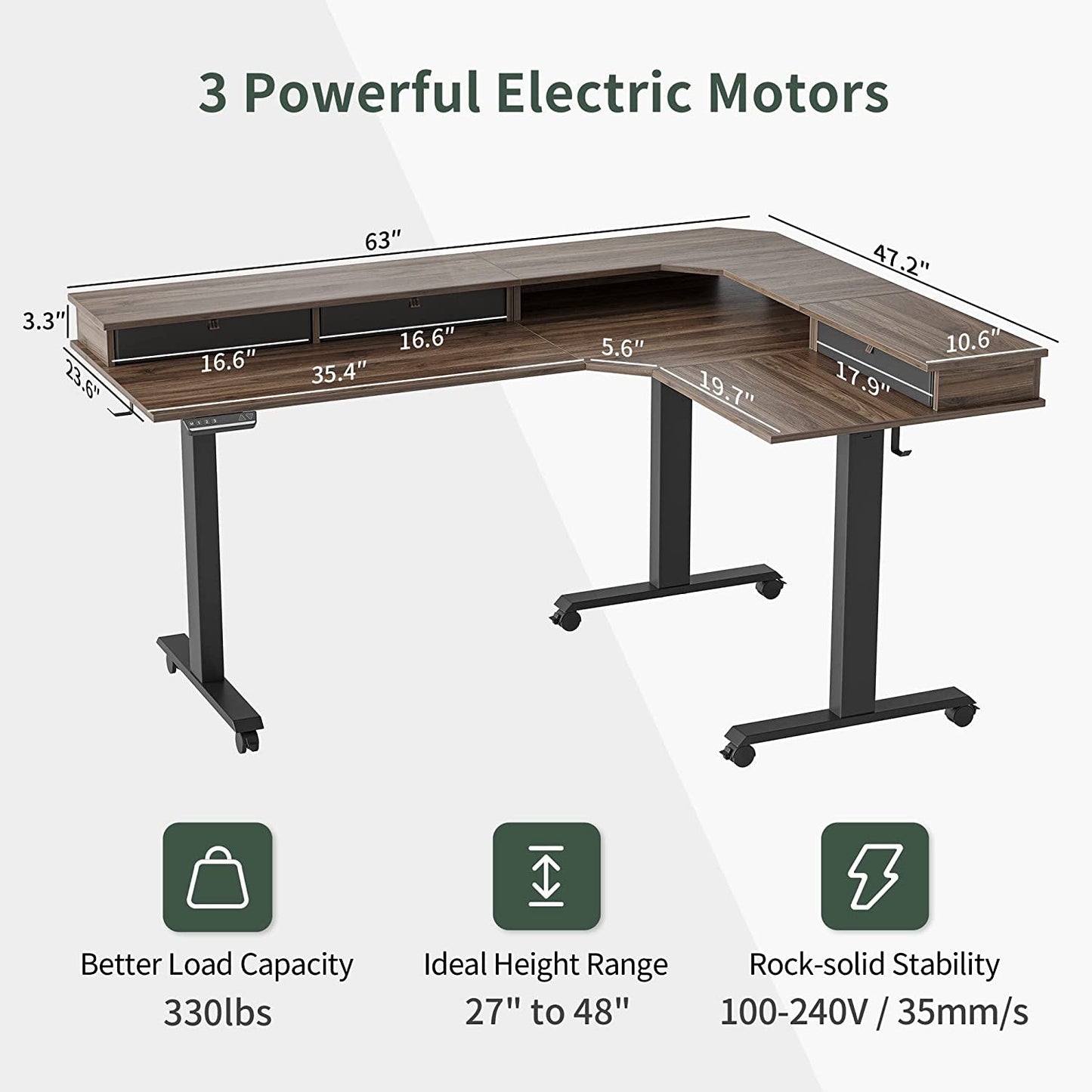 Triple Motor 63″ L Shaped Standing Desk with 3 Drawers, Electric,