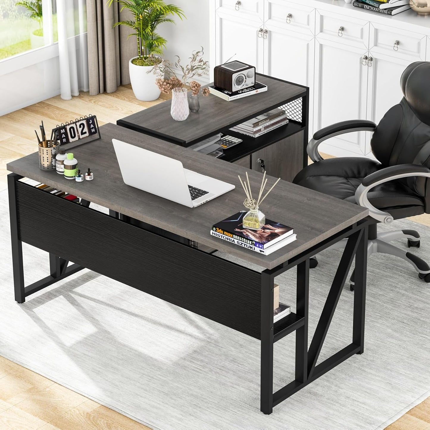 Gray L-Shaped Desk, 55", Storage