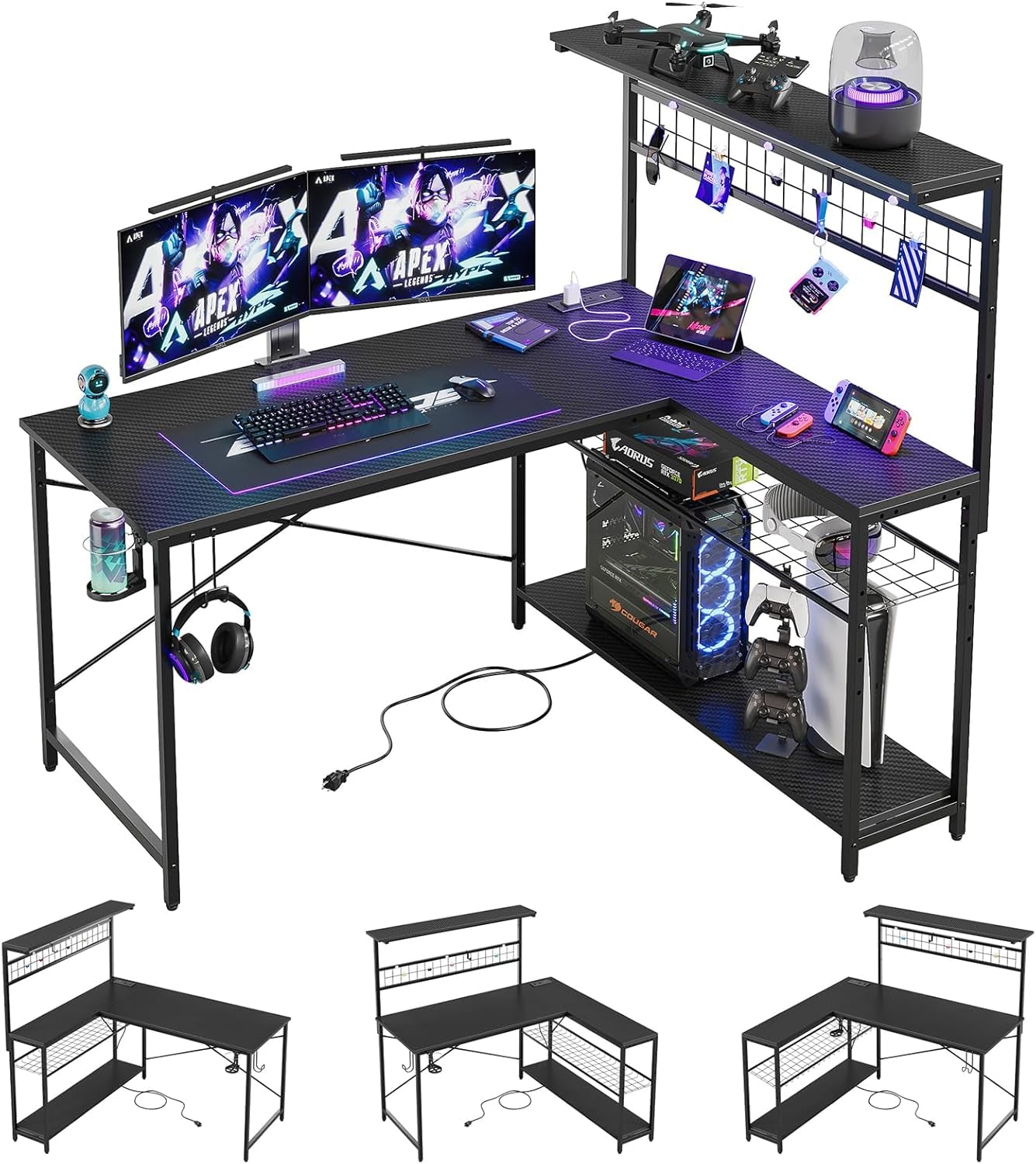 51" L-Shaped Gaming Desk with LED & Power