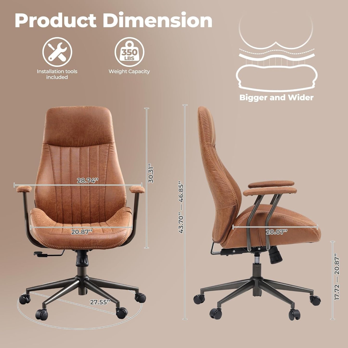 OVIOS Ergonomic Home Office Chair, Mid-Century Modern Leather Chair