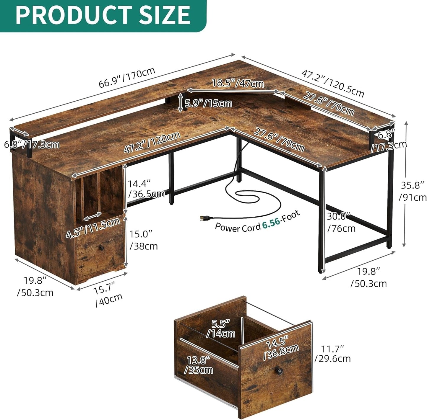 L Shaped Desk with Power Outlets & LED Lights, 67" Computer Desk with