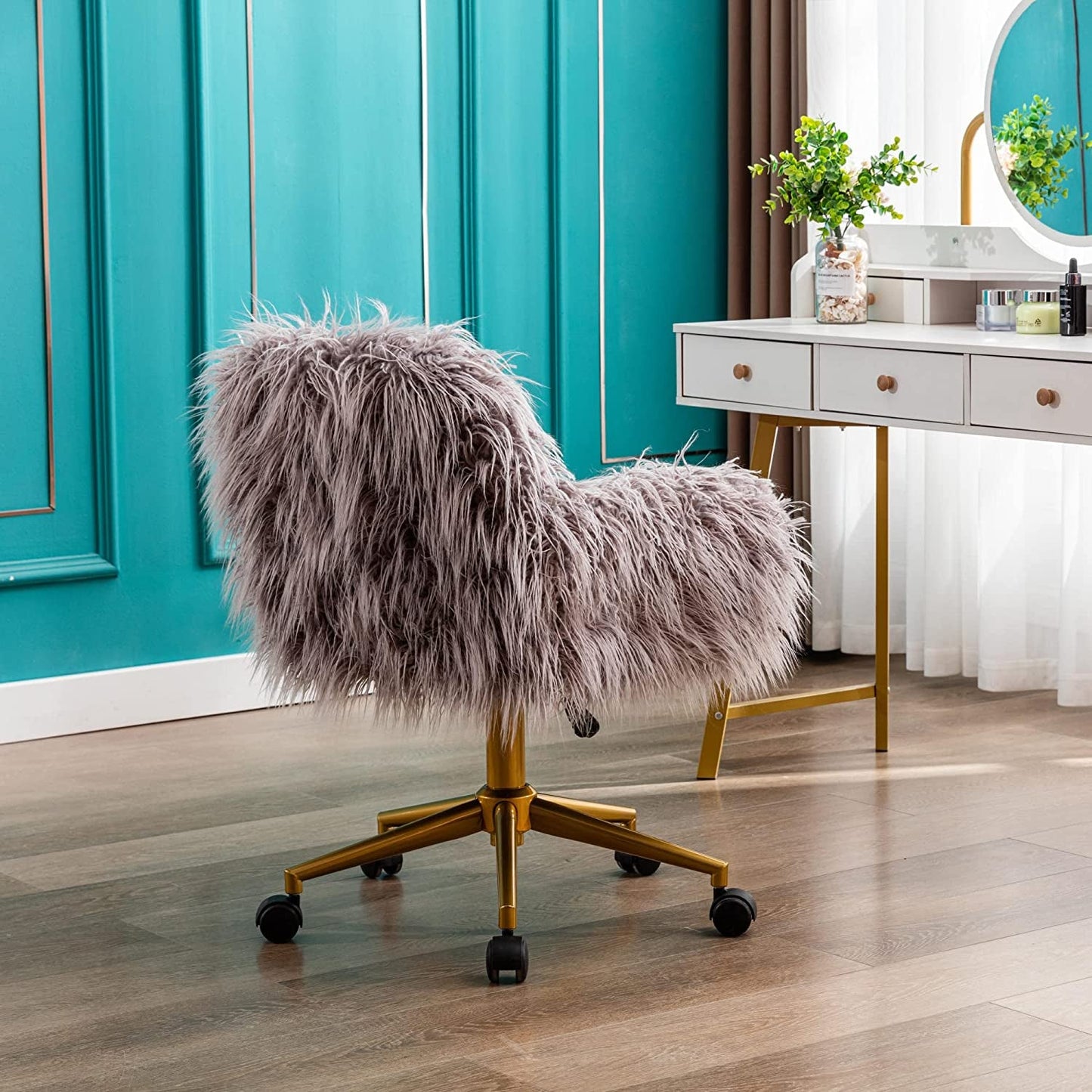 KCC Gray Faux Fur Swivel Chair for Home Office