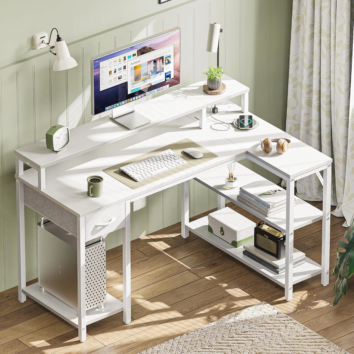 47" White L Desk LED Power Drawer