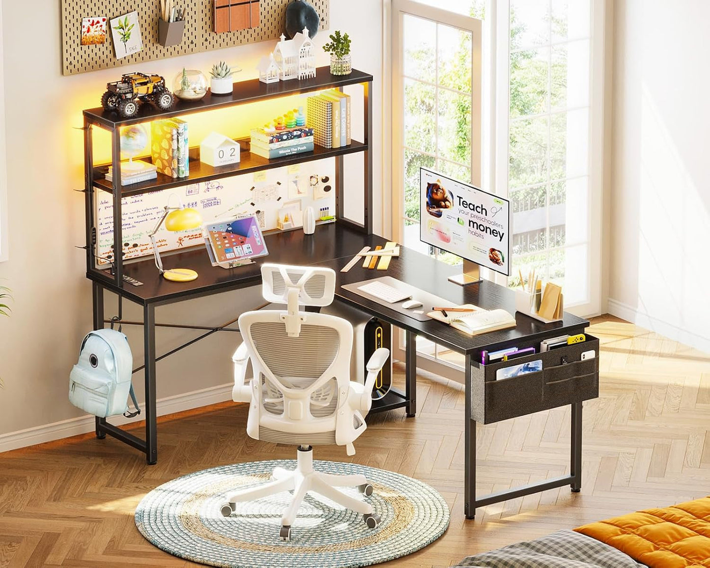 L Shaped Desk Gaming Desk with LED Light & Power Outlet, 53 Inch