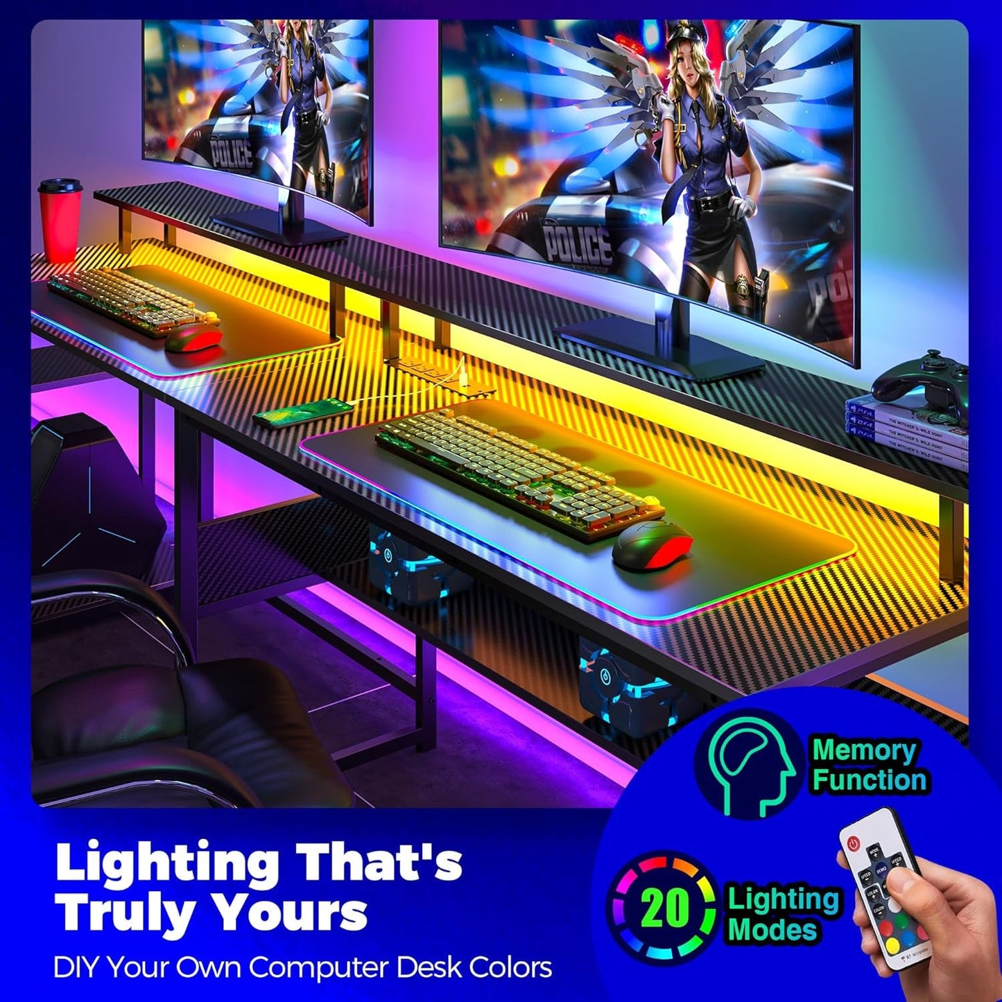 Computer Desk 56.7" with LED Lights and Power Outlets, Carbon Fiber