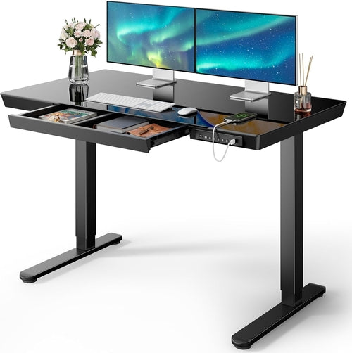 Glass Standing Desk with Drawer, 48 X 24 Inch Electric Standing Desk,