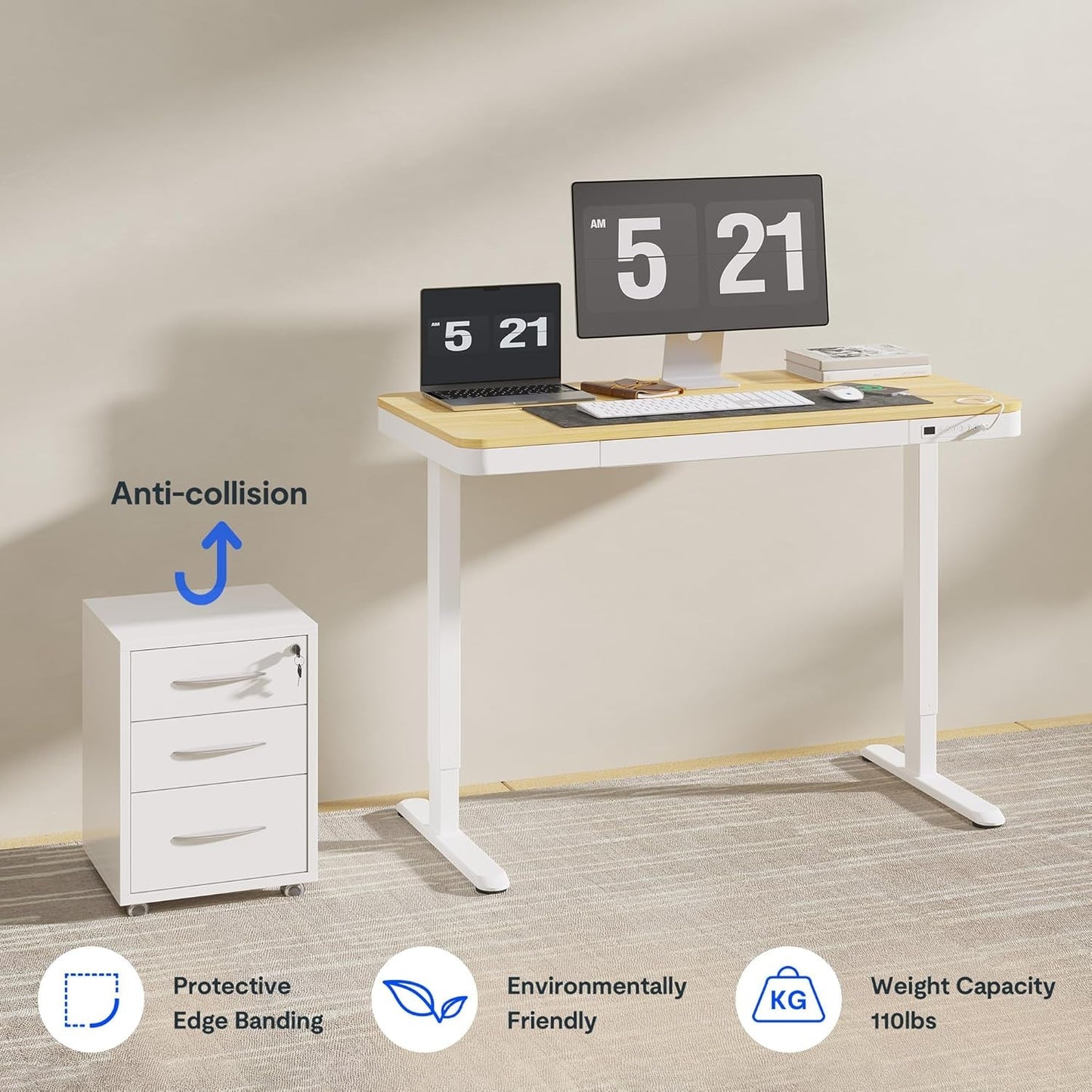 Comhar Electric Standing Desk with Drawers Charging USB Port, Height