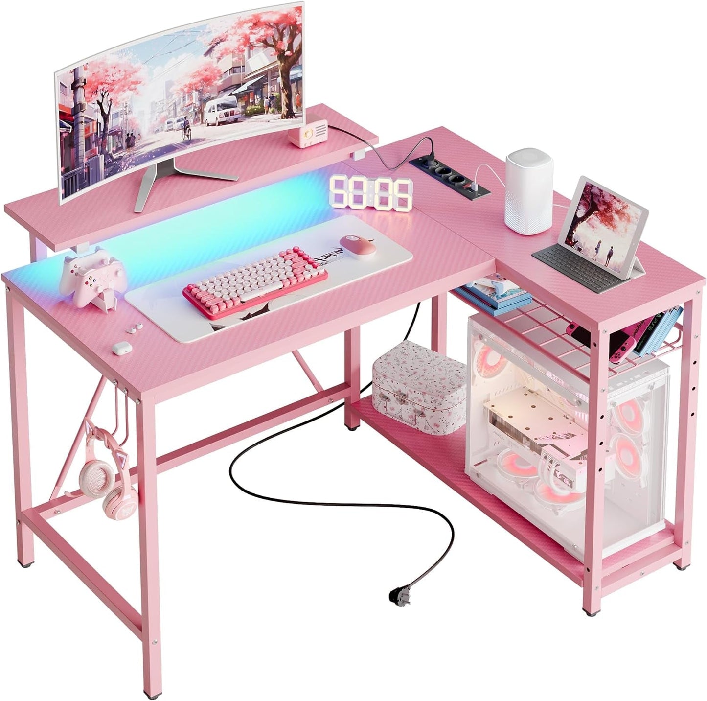 Gaming Desk with Power Outlets,42 LED Small Corner Computer Desk with