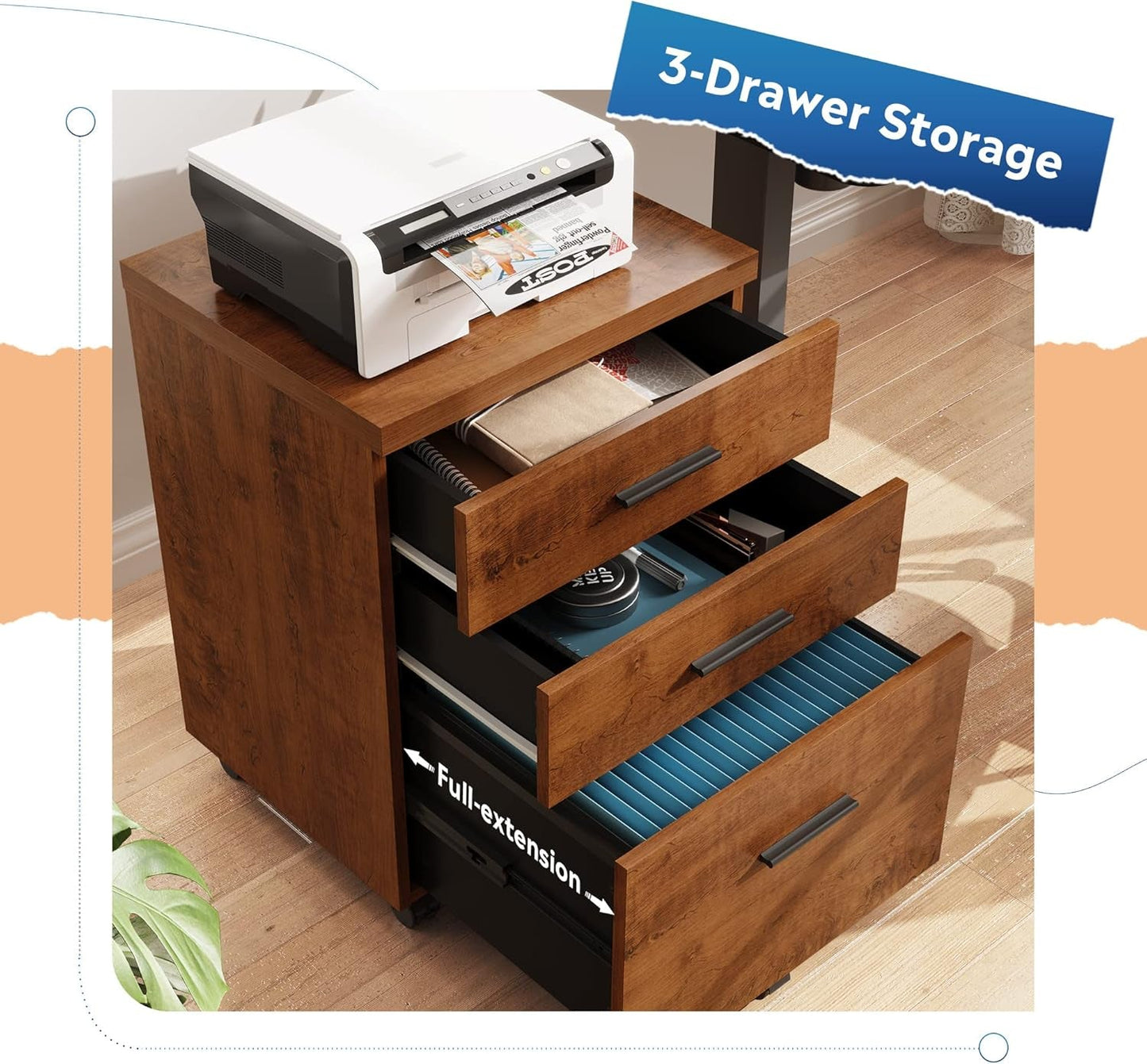 3 Drawer File Cabinet for Home Office, Wood under Desk Filing Cabinet,
