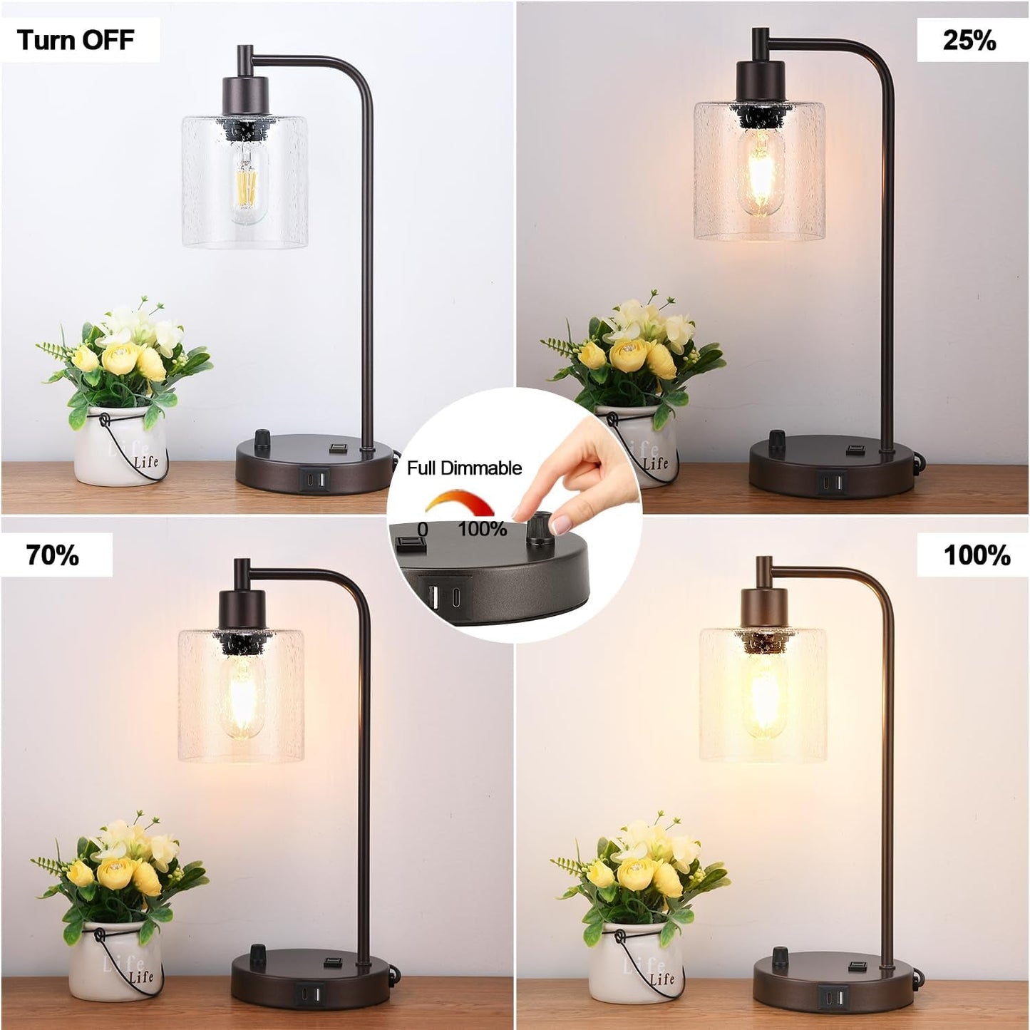Set of 2 Oil Rubbed Bronze Table Lamps with 2 USB Port, Fully Stepless