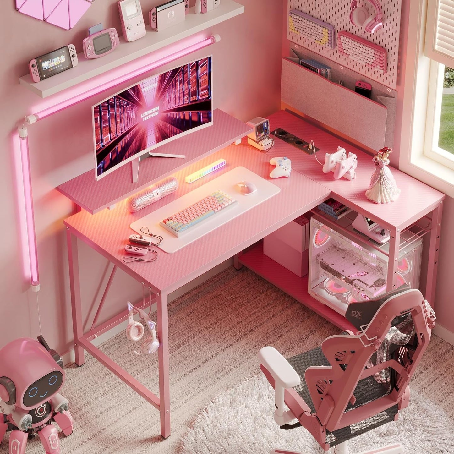 Gaming Desk with Power Outlets,42 LED Small Corner Computer Desk with