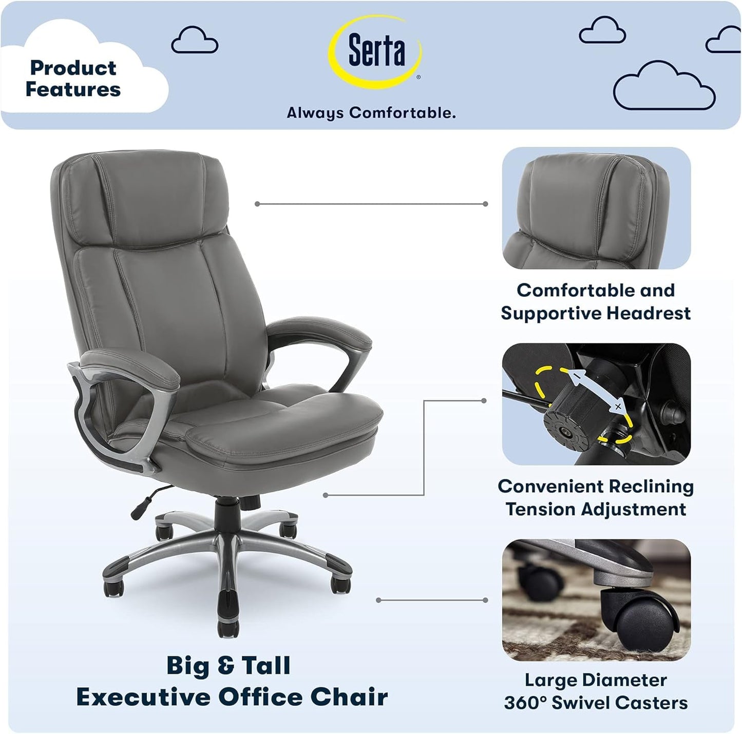 Serta Fairbanks Big and Tall High Back Executive Office Chair, Ergonomic