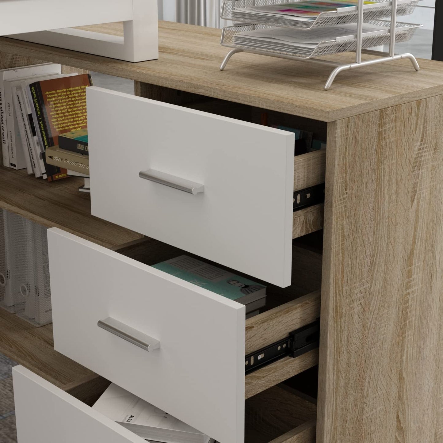 Home Office Corner Desk, Large with Drawers, Walnut