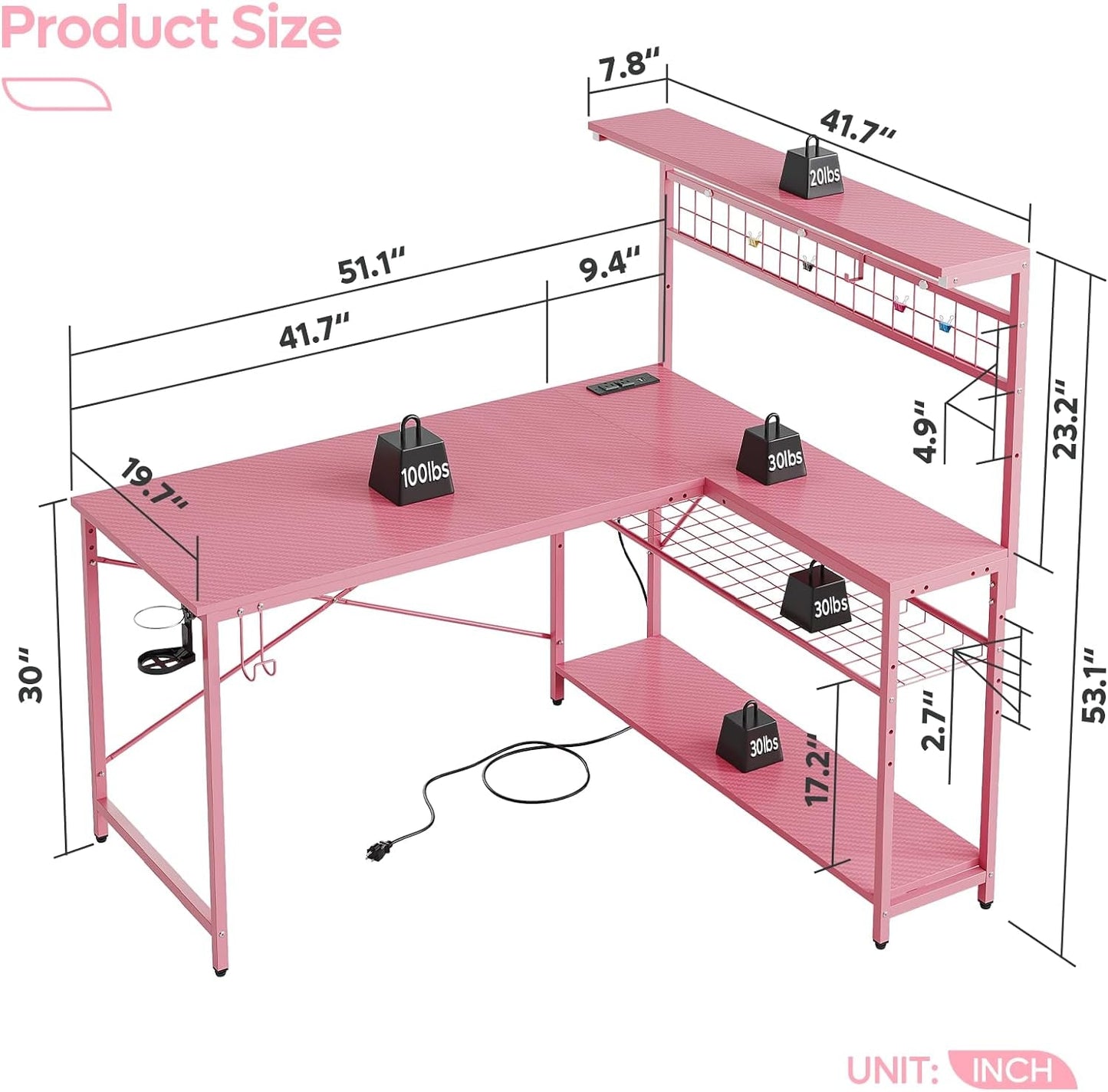 Gaming Desk 51" L-Shaped, with Power Outlets & LED Lights- 4 Tier
