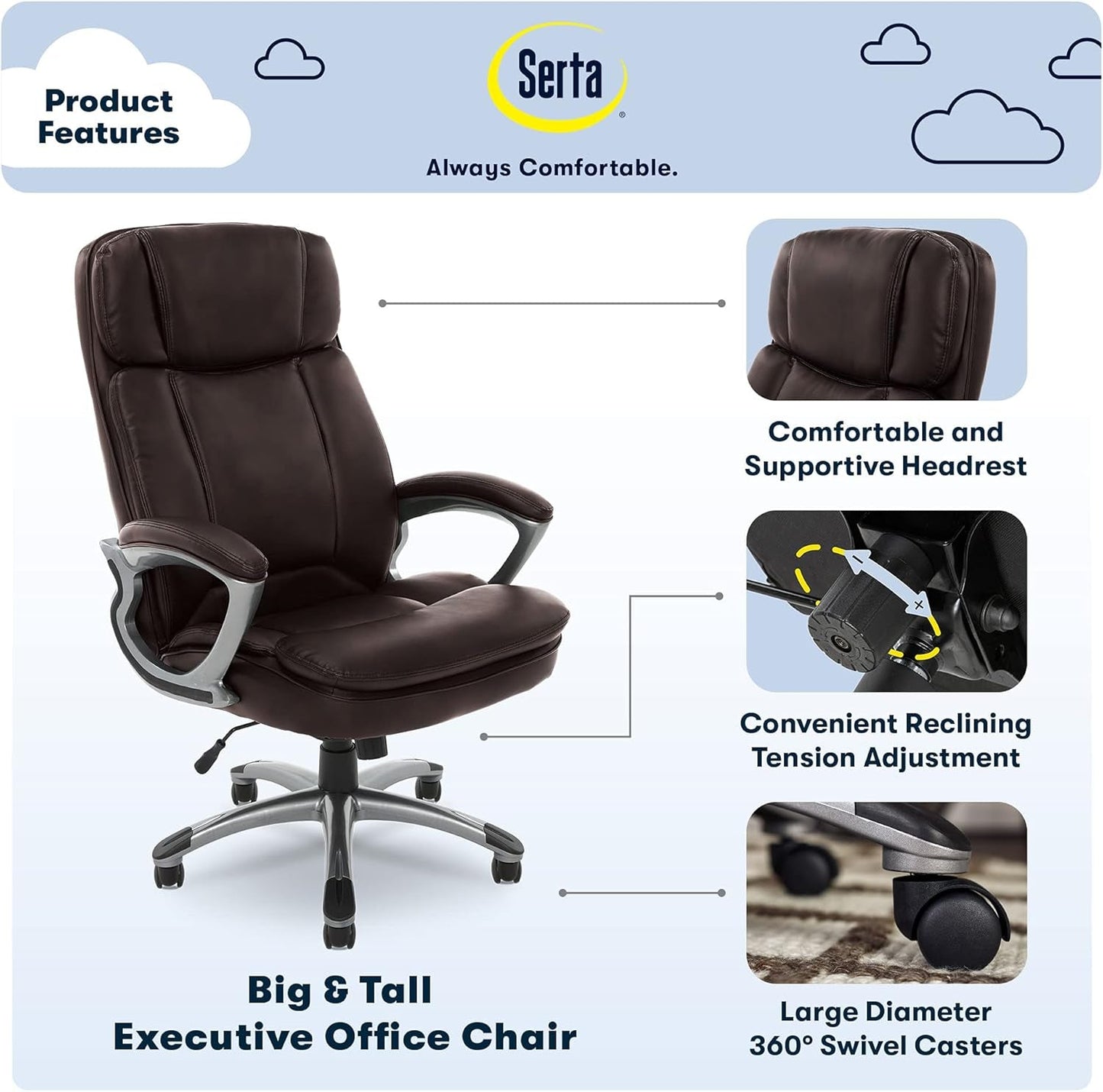 Serta Fairbanks Big and Tall High Back Executive Office Chair, Ergonomic