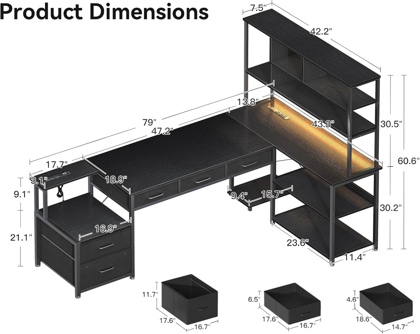 79 Inch L Shaped Desk with File Drawers, Reversible L Shaped Gaming