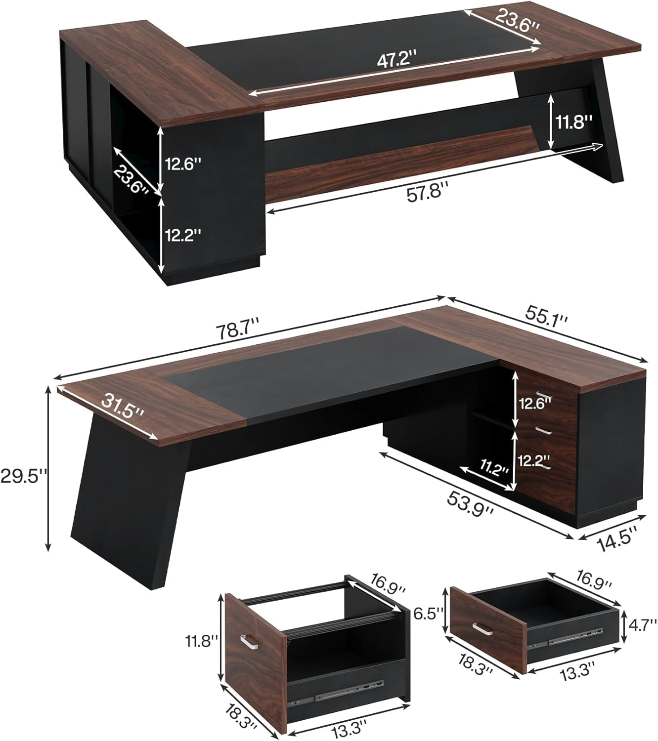 78" L-Shaped Executive Desk, Large Office Desk with Drawers and