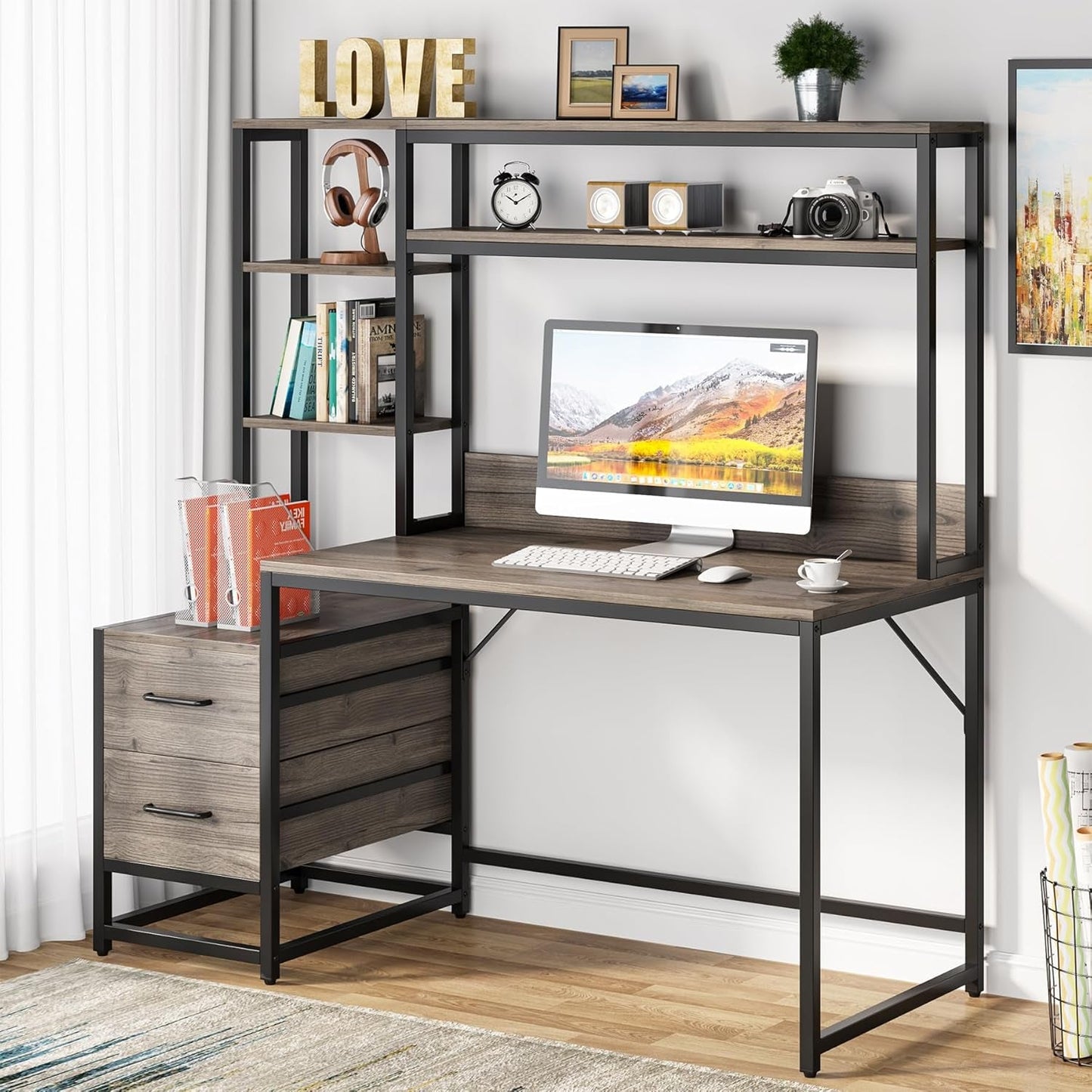 55 Inch Computer Desk with 2 Drawers and Storage Shelves, Rustic