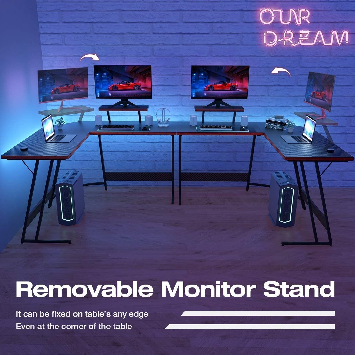 L shaped gaming desk setup with removable monitor stand, featuring multiple screens and modern design for optimal gaming experience.