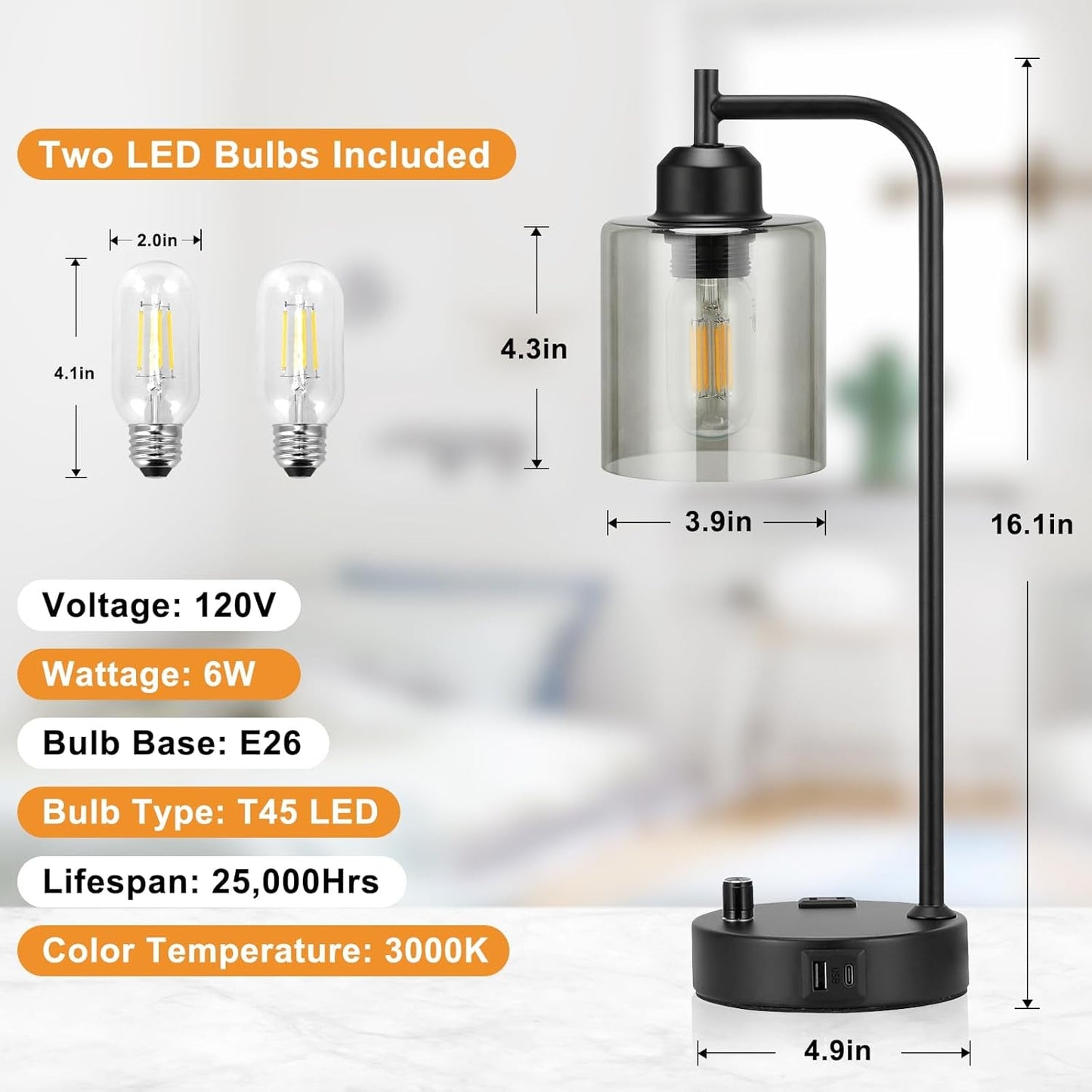 Industrial Desk Lamps for Office Set of 2 - Fully Dimmable Bedside
