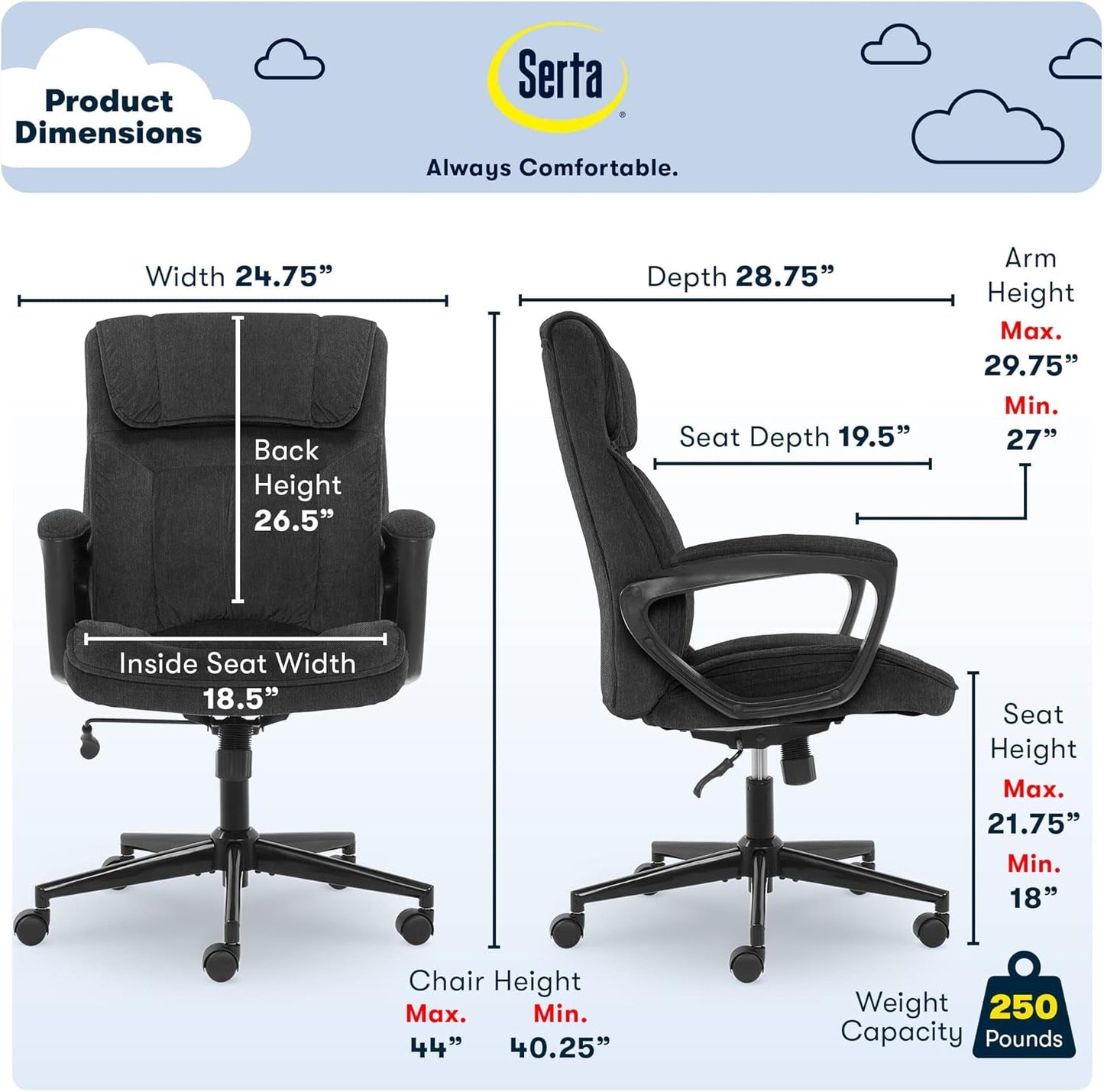 Serta Hannah Executive Home Office Desk Chair, Ergonomic Mid-Back with