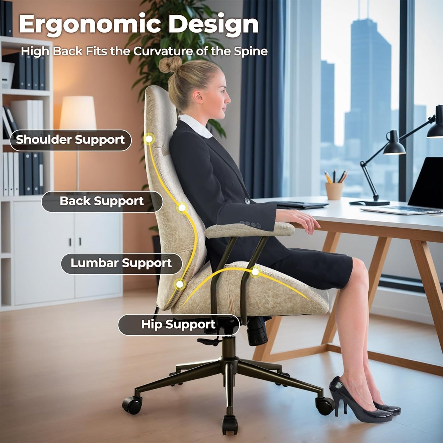OVIOS Ergonomic Home Office Chair, Mid-Century Modern Leather Chair