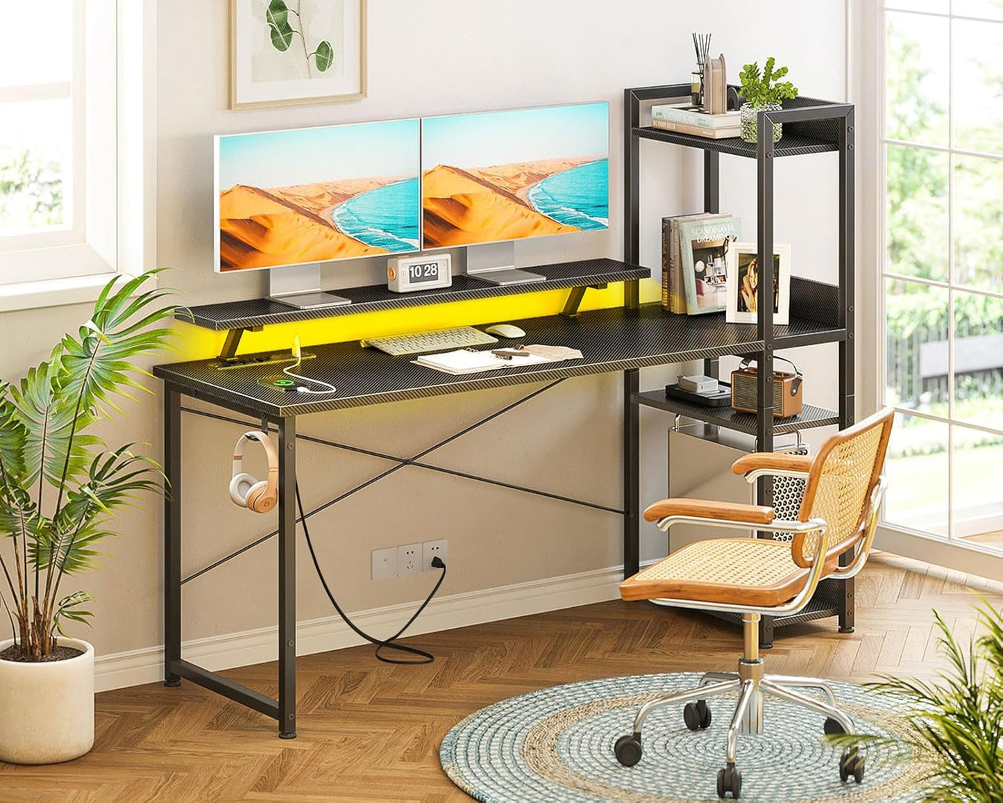 Reversible 55 Inch Gaming Desk with USB Charging Port and LED Lights,