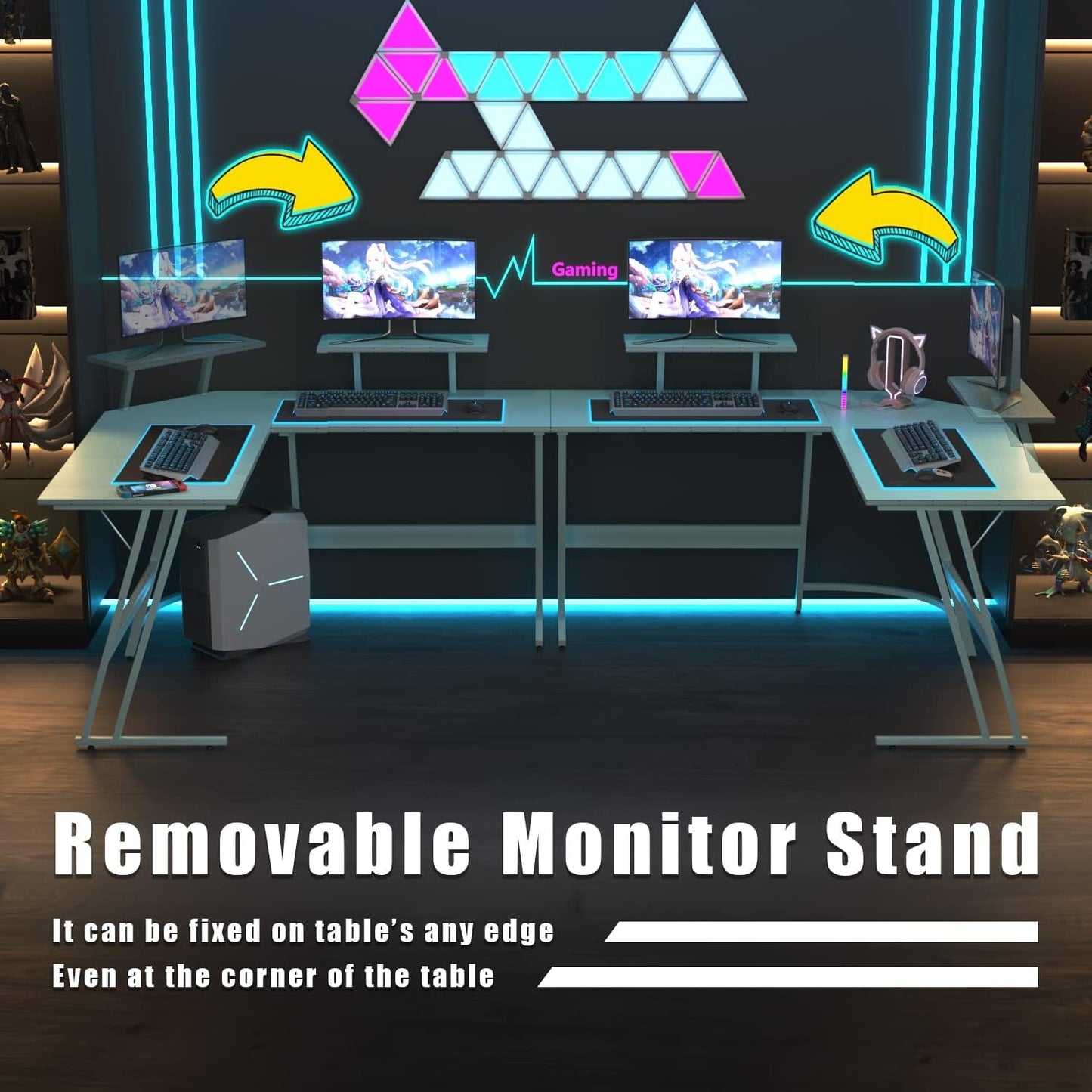 L shaped gaming desk with removable monitor stand, perfect for maximizing corner space in gaming setups.