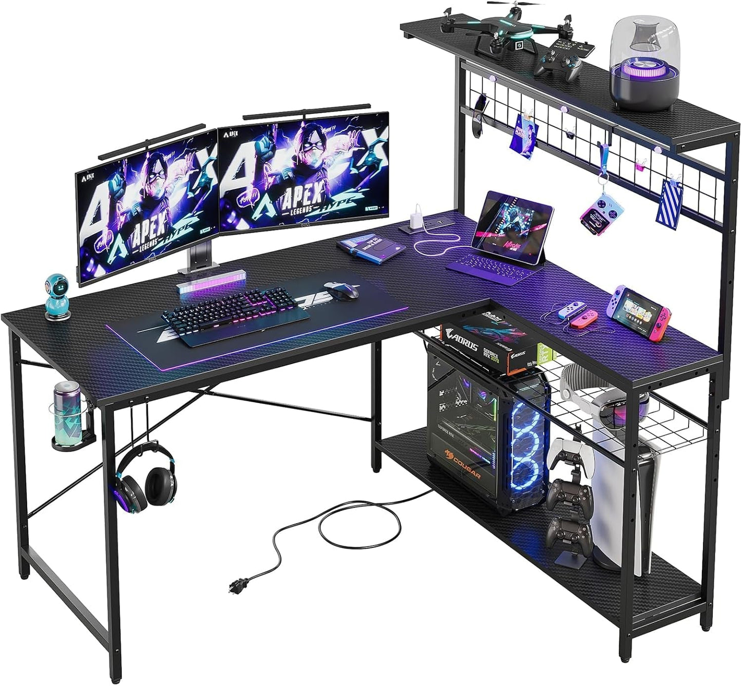 51" L-Shaped Gaming Desk with LED & Power