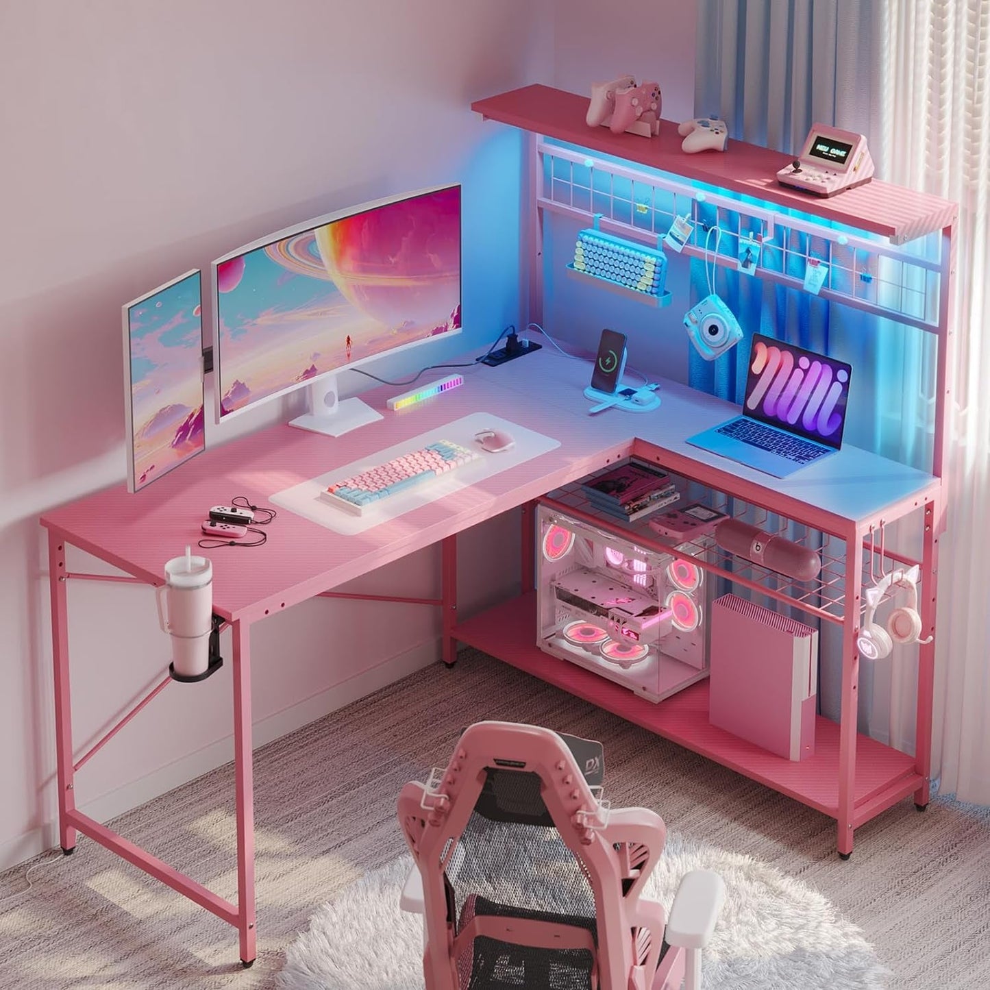 Gaming Desk 51" L-Shaped, with Power Outlets & LED Lights- 4 Tier