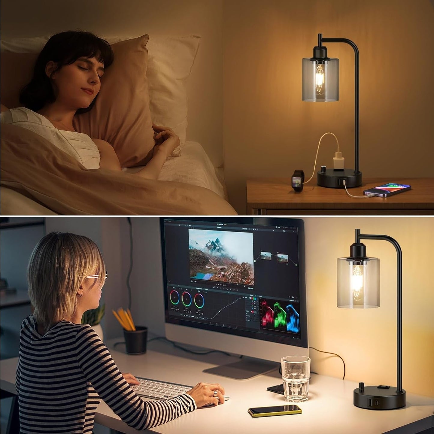 Industrial Desk Lamps for Office Set of 2 - Fully Dimmable Bedside