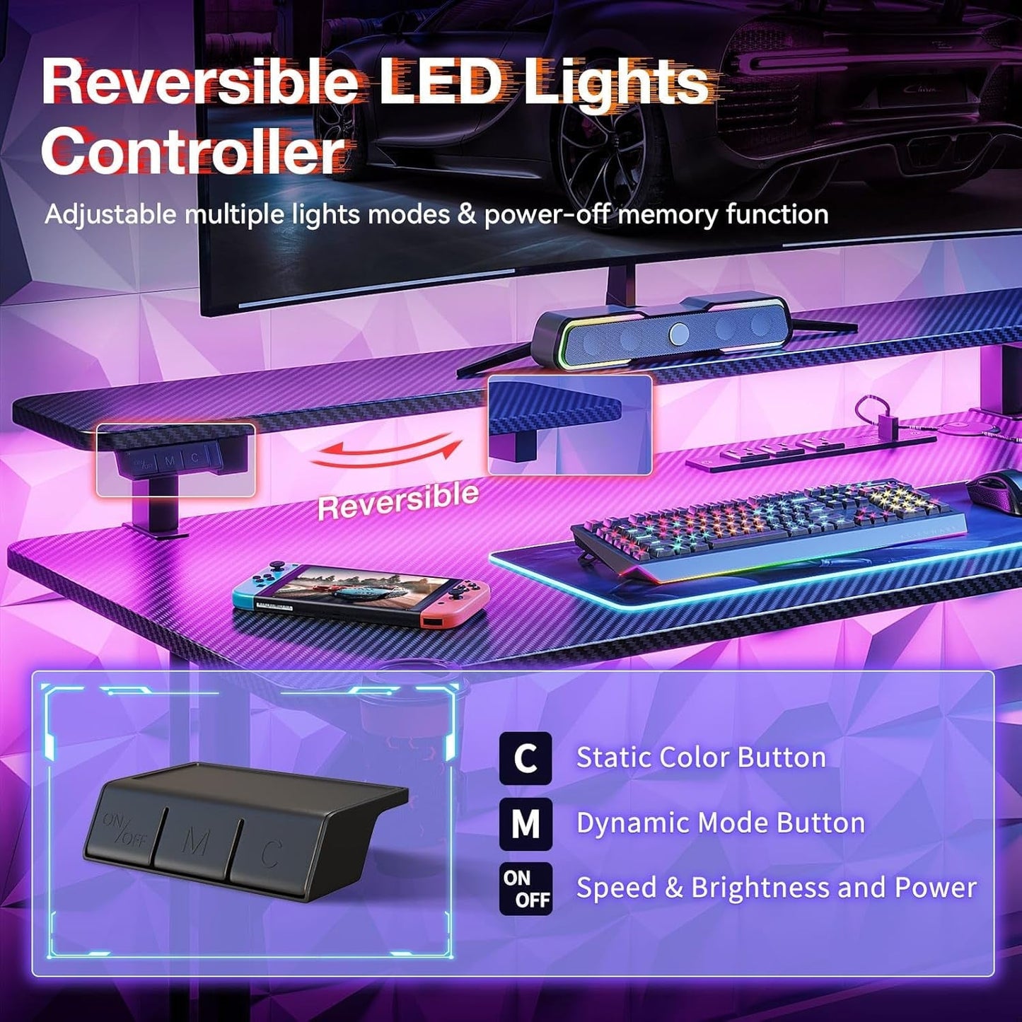 31 Inch Small Gaming Desk with LED Lights & Power Outlets, Computer