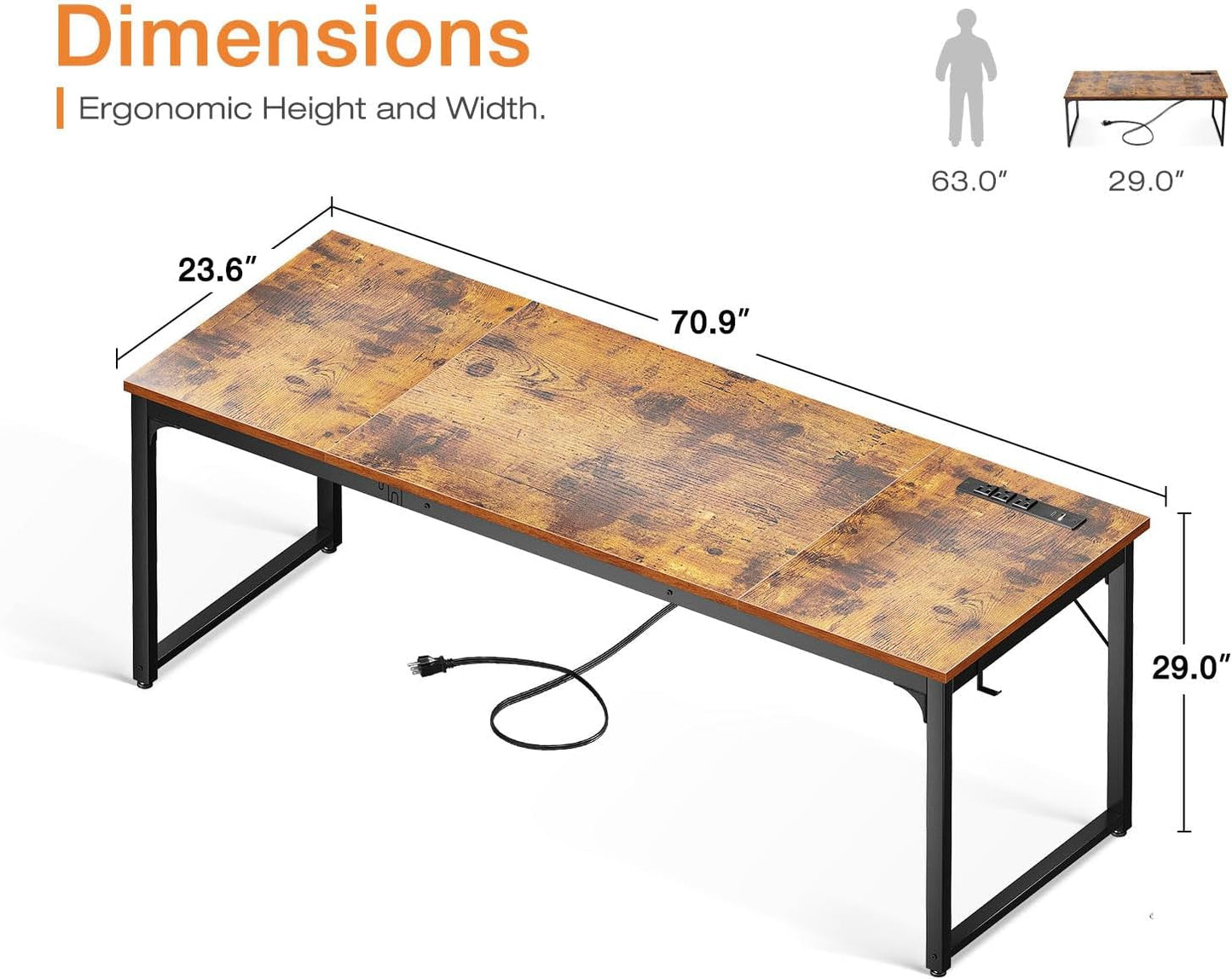 71 Inch Computer Desk with USB Ports, Large Office Desk, Long Study