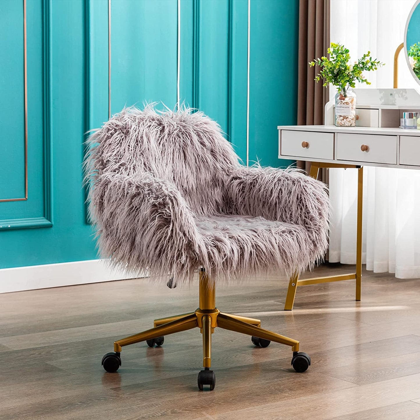 KCC Gray Faux Fur Swivel Chair for Home Office