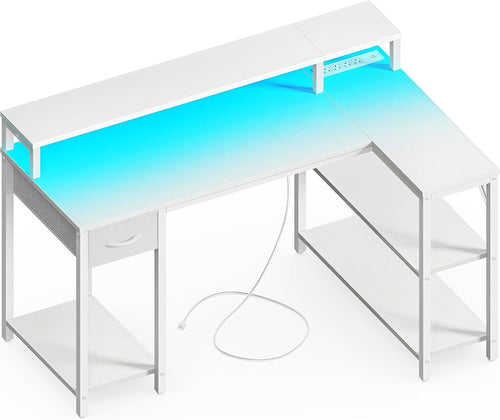 47" White L Desk LED Power Drawer