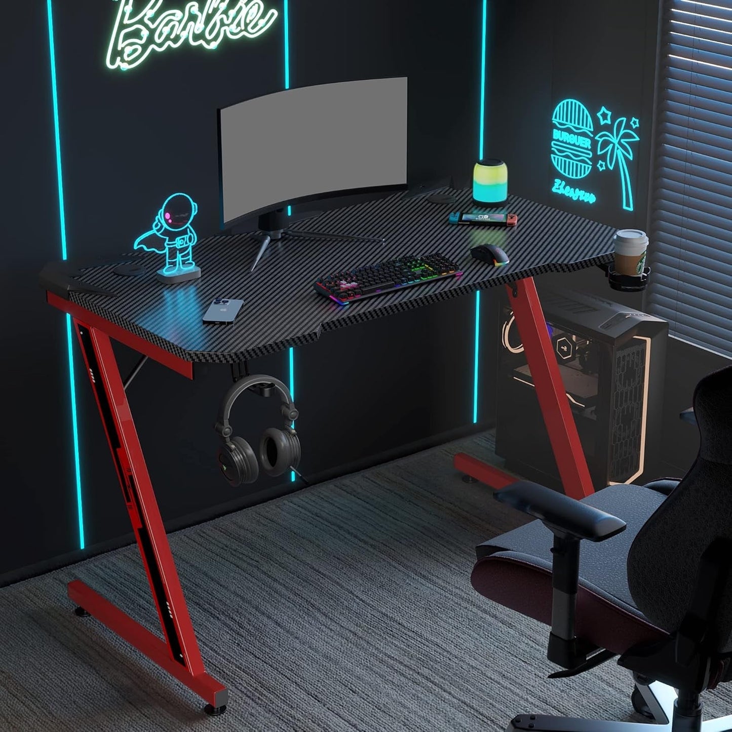 Gaming Computer Desk with Carbon Fiber Surface, Gaming Table Z Shaped