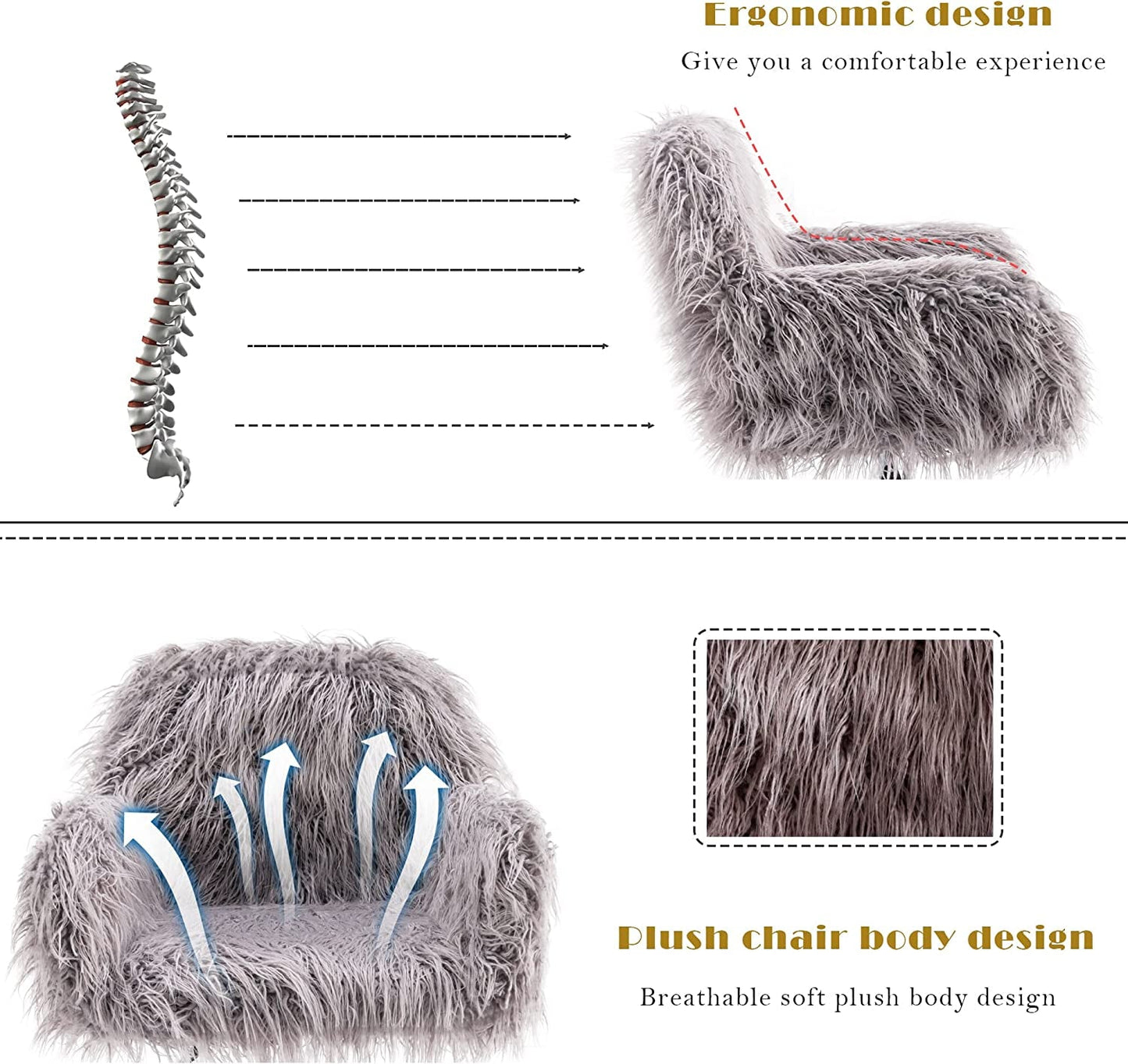 KCC Gray Faux Fur Swivel Chair for Home Office