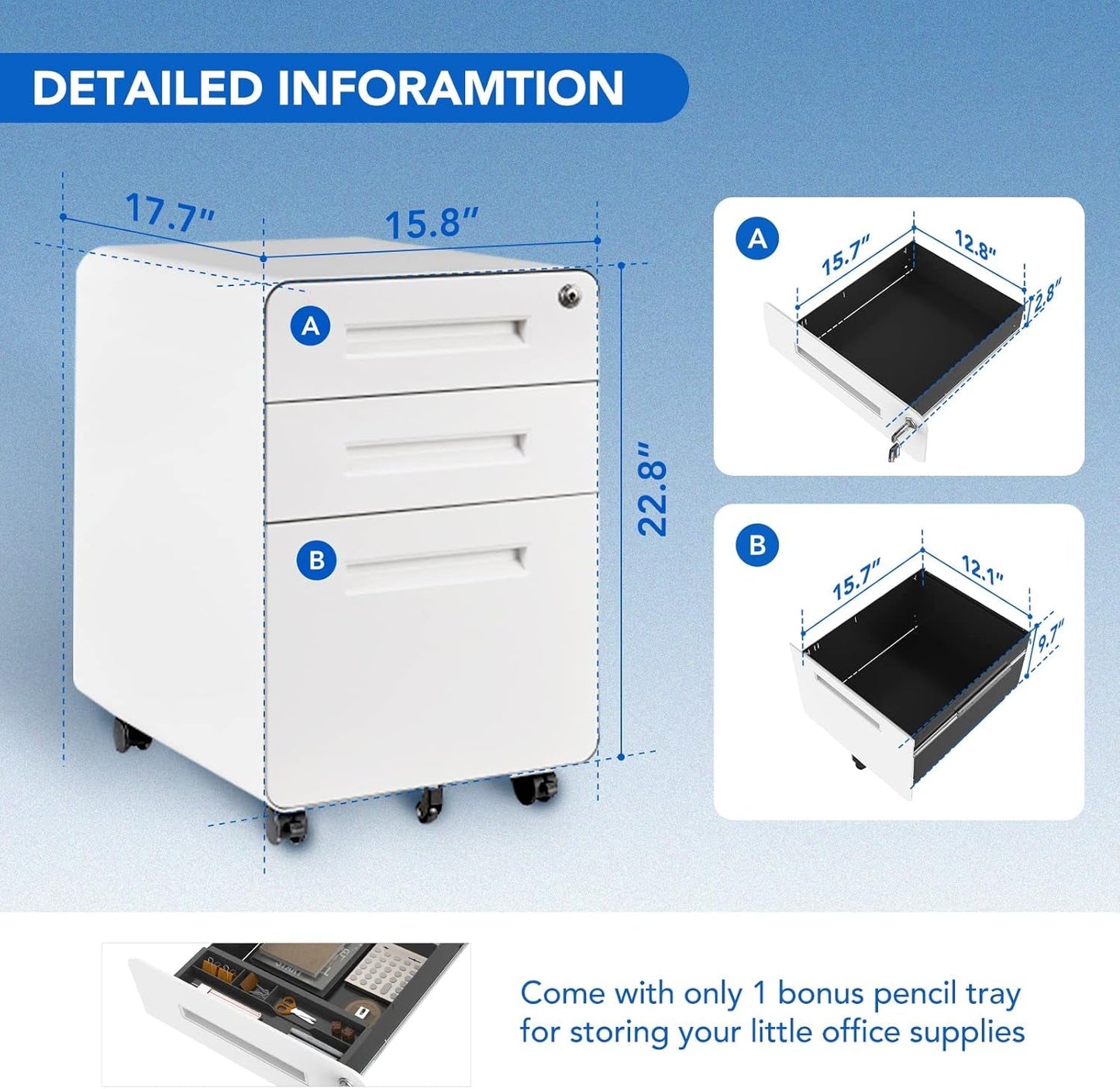 Mobile File Cabinet for Home Office 3 Drawer File Cabinet under Desk