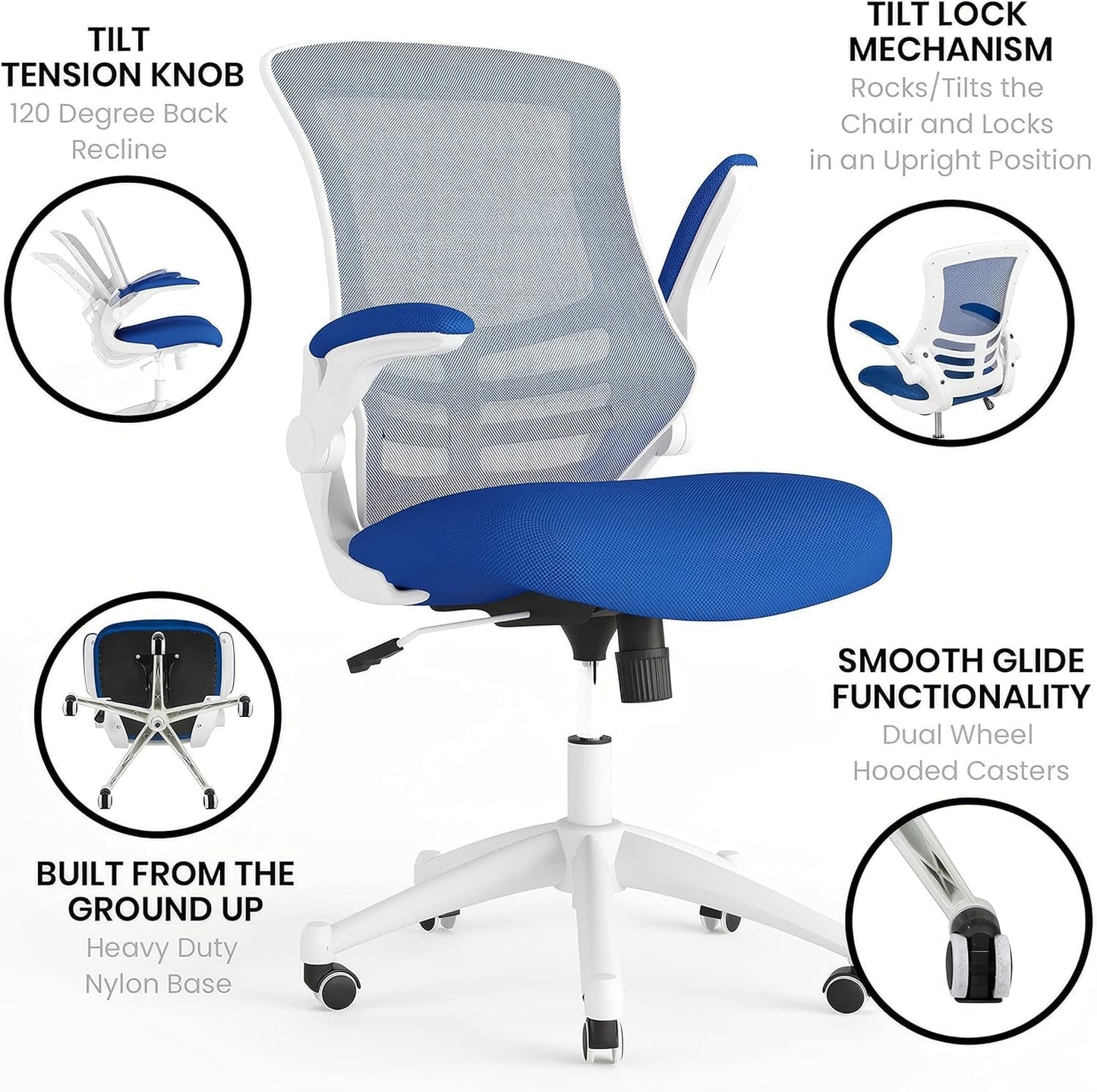 Kelista Office Chair, Ergonomic, Mid-Back, White Frame, Blue Mesh with