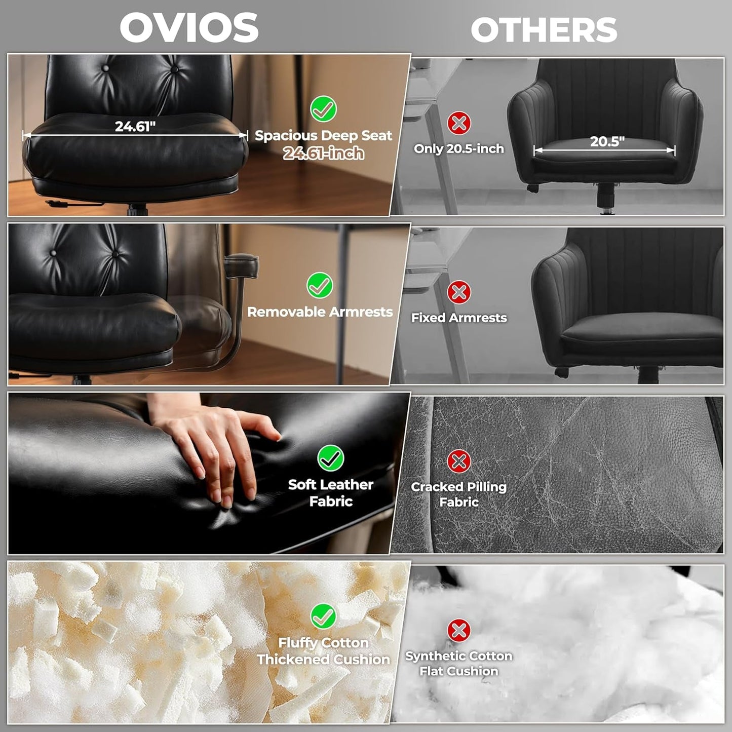 OVIOS Ergonomic Home Office Chair, Mid-Century Modern Leather Chair with