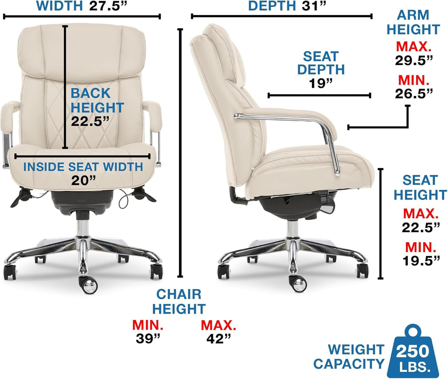 Lazyboy Sutherland Quilted Leather Executive Office Chair with Padded Arms,