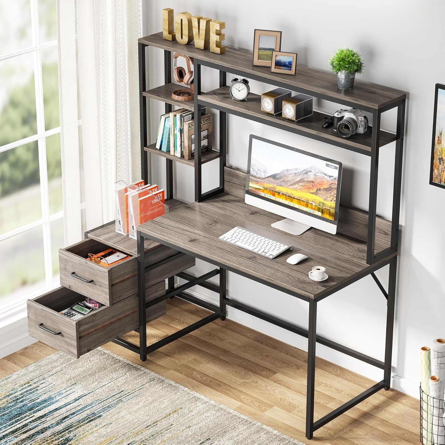 55 Inch Computer Desk with 2 Drawers and Storage Shelves, Rustic