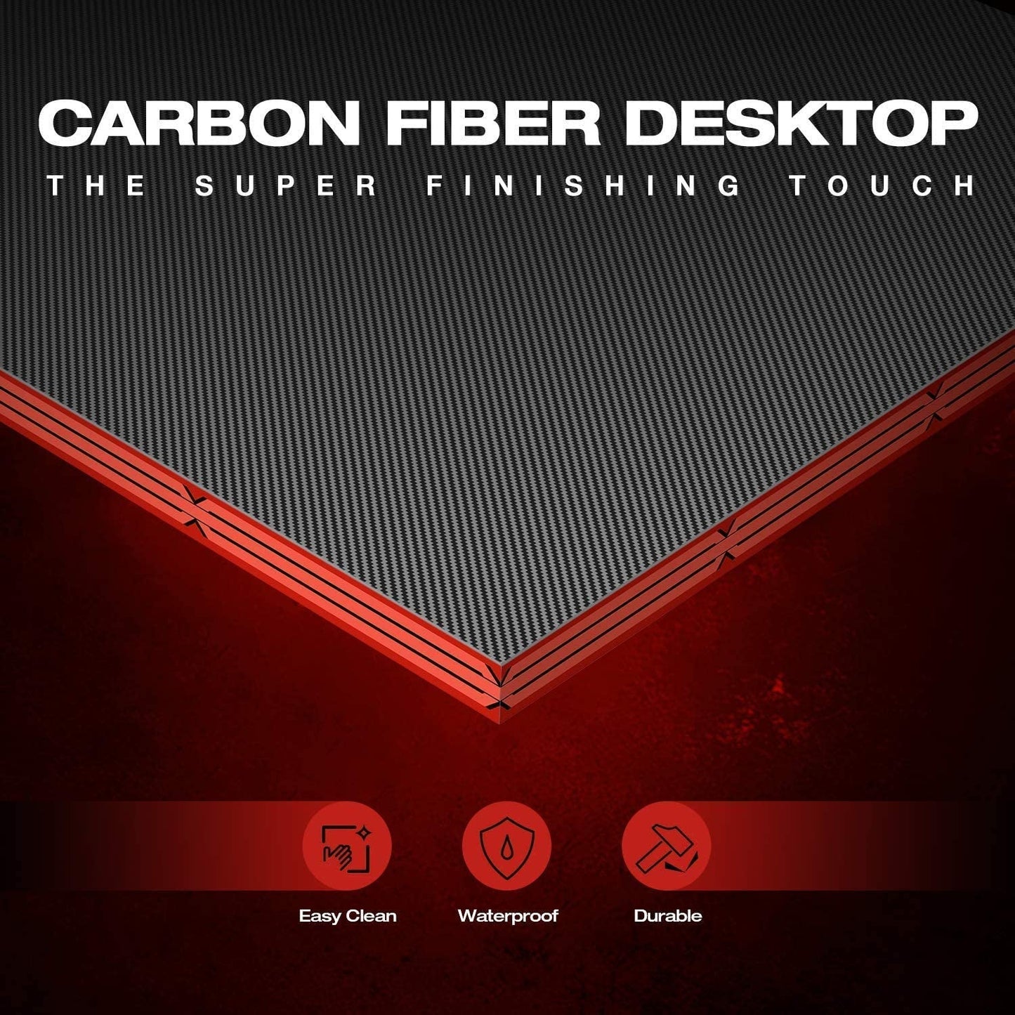 Close-up of carbon fiber desktop highlighting easy clean, waterproof, and durable features for a gaming desk.