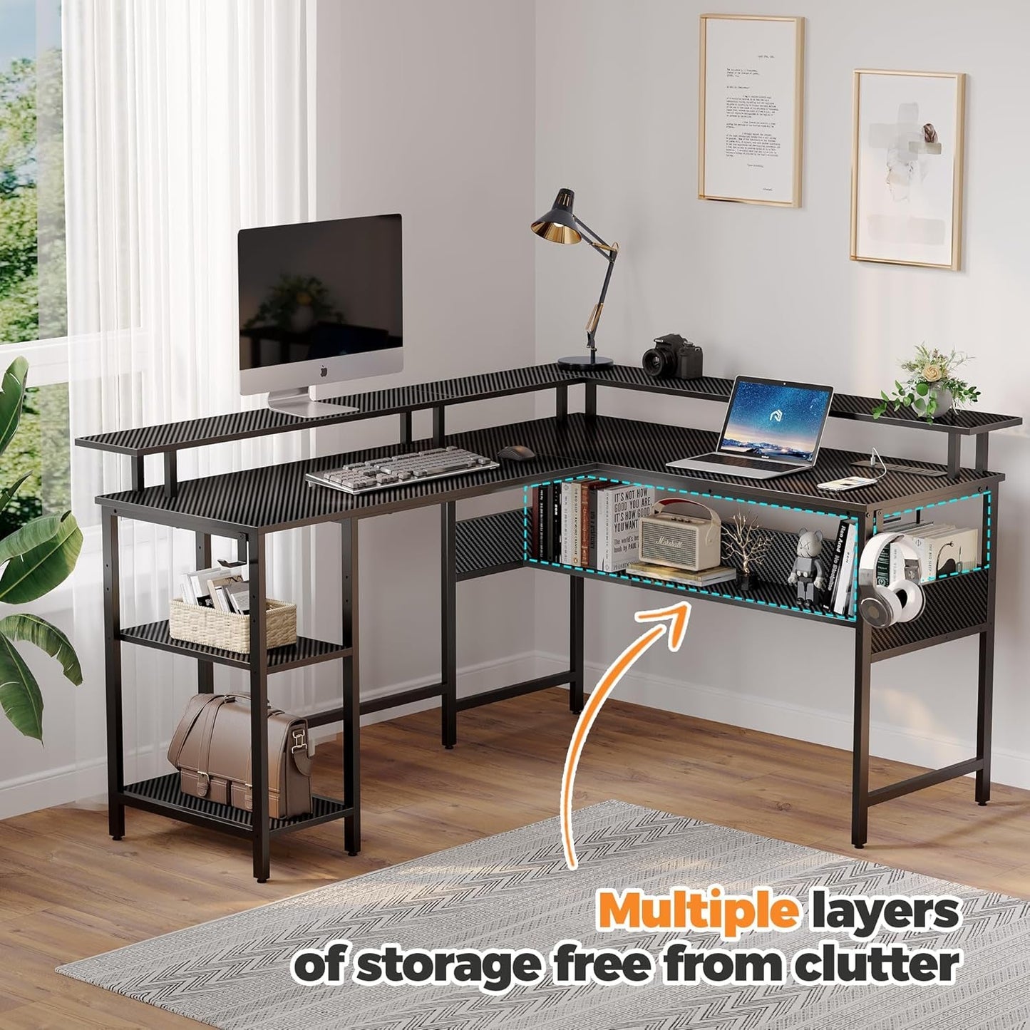 Computer Desk 56.7" with LED Lights and Power Outlets, Carbon Fiber