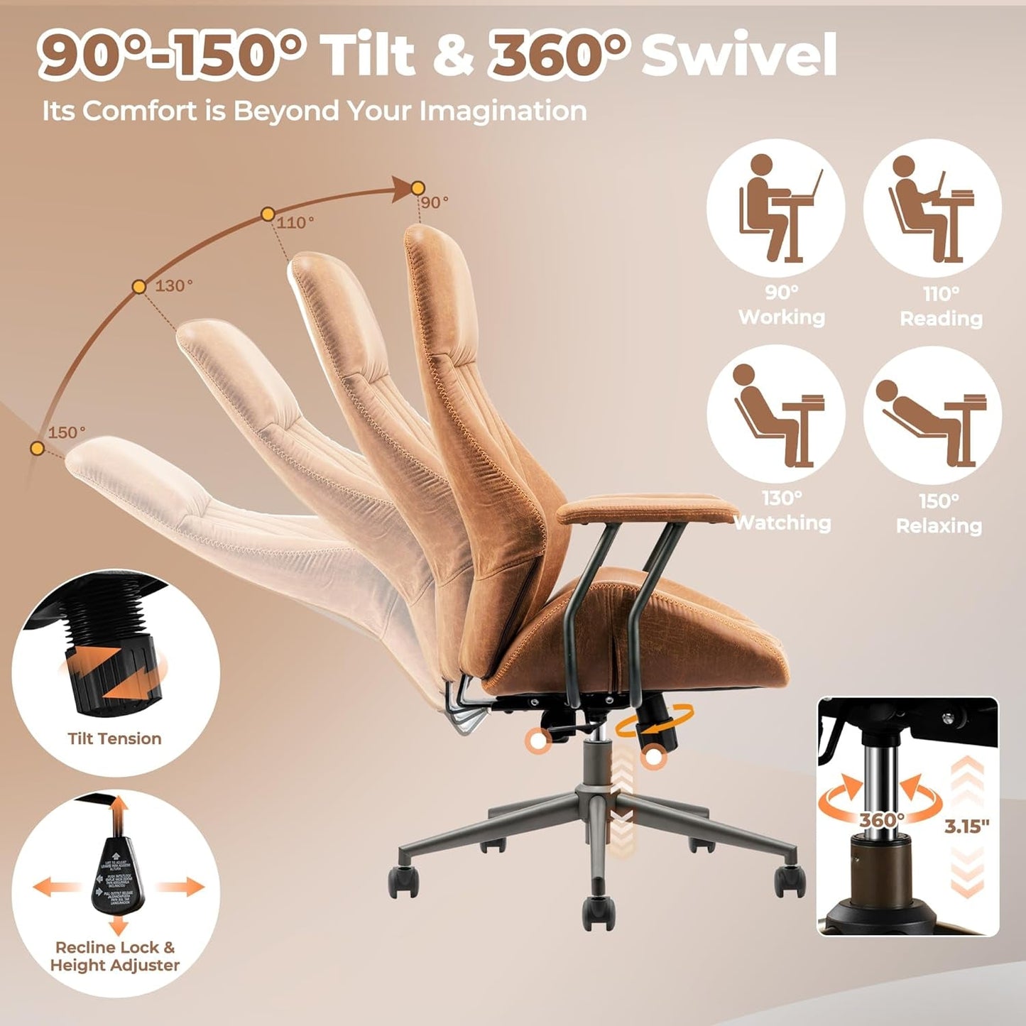 OVIOS Ergonomic Home Office Chair, Mid-Century Modern Leather Chair