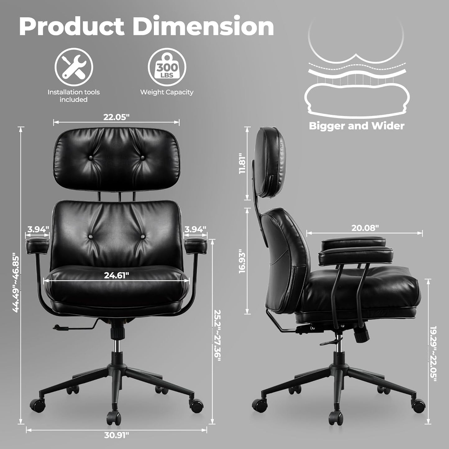 OVIOS Ergonomic Home Office Chair, Mid-Century Modern Leather Chair with