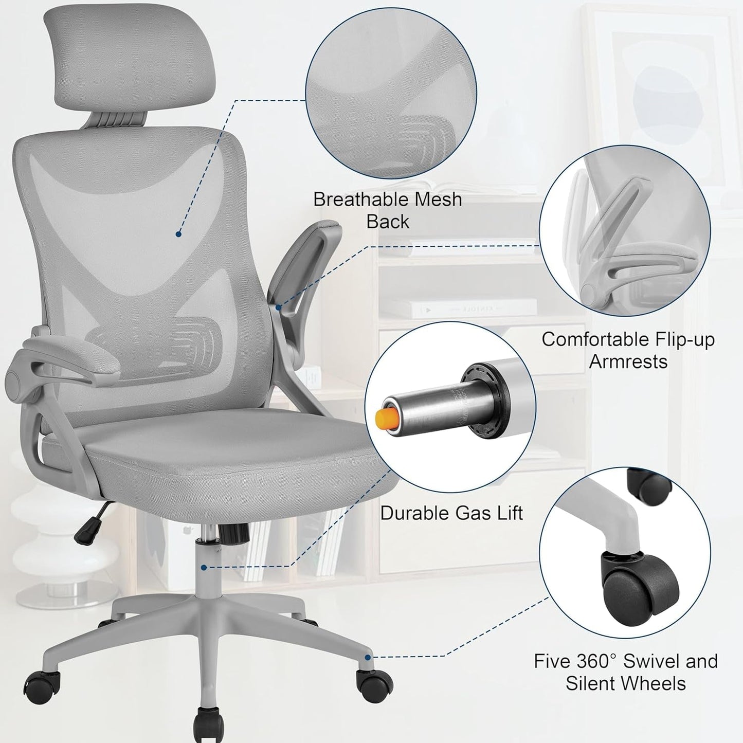 Ergonomic Mesh Office Chair, High Back Desk Chair with with Flip-Up