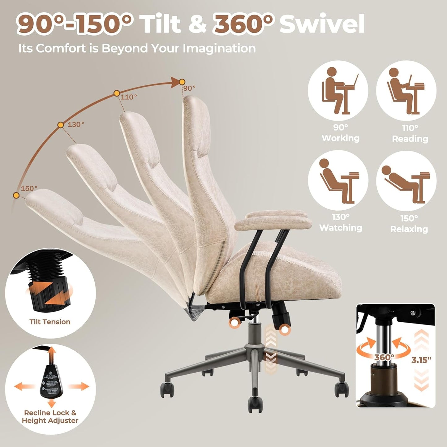 OVIOS Ergonomic Home Office Chair, Mid-Century Modern Leather Chair