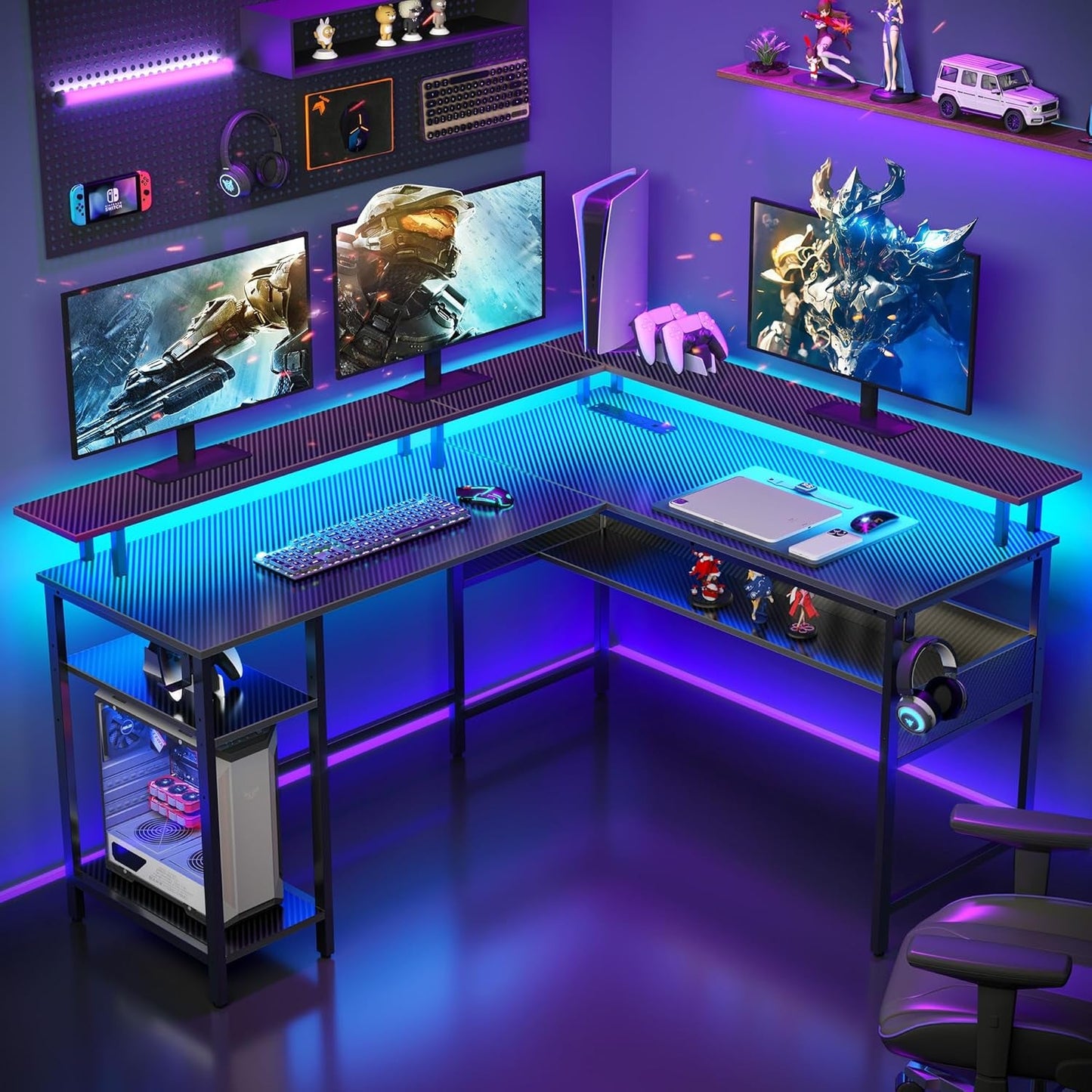 Computer Desk 56.7" with LED Lights and Power Outlets, Carbon Fiber