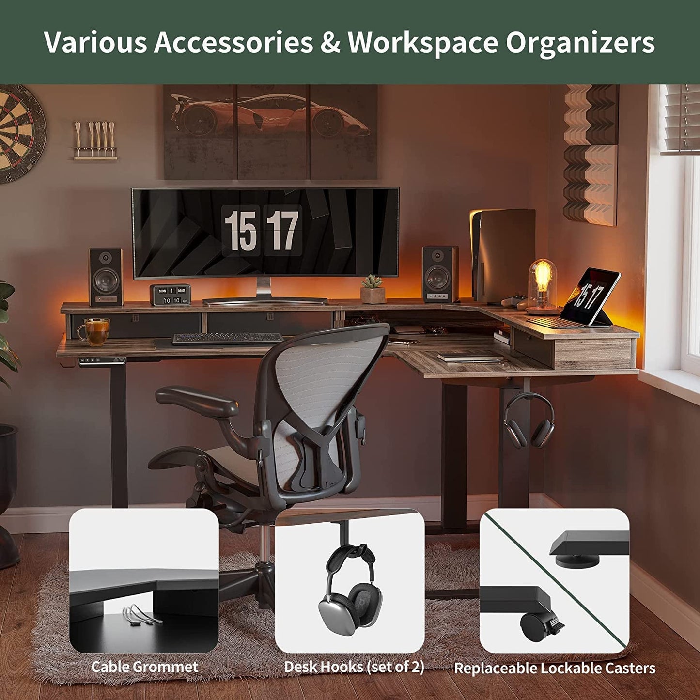 Triple Motor 63″ L Shaped Standing Desk with 3 Drawers, Electric,